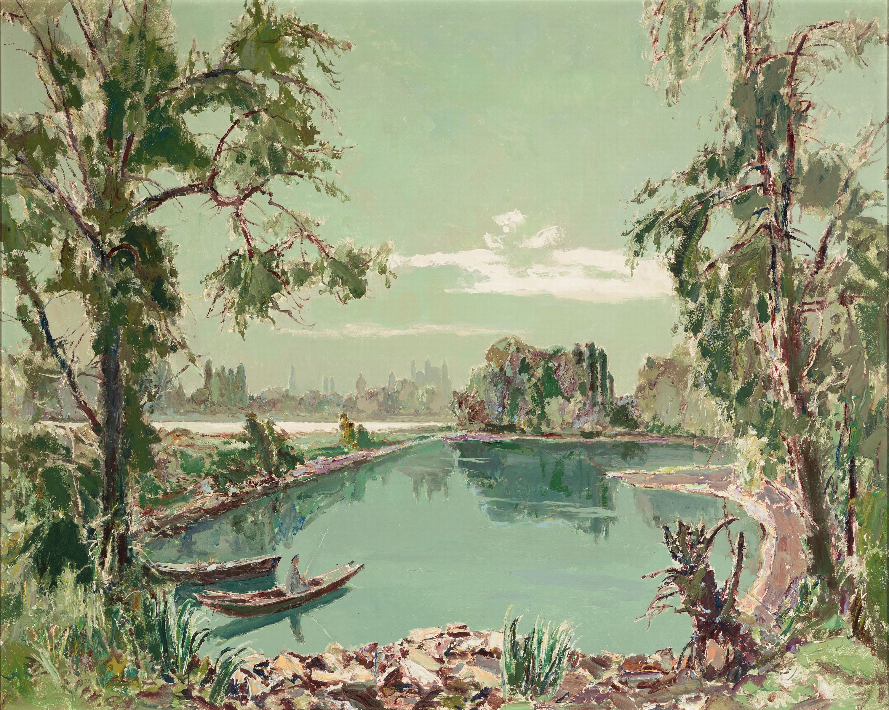 Karl Graf, 1902 Rothenburg-1986 Speyer, "Blick vom badischen Altrhein auf Speyer" so verso bezeichnet, datiert 1978, Altrheinlandschaft mit ...