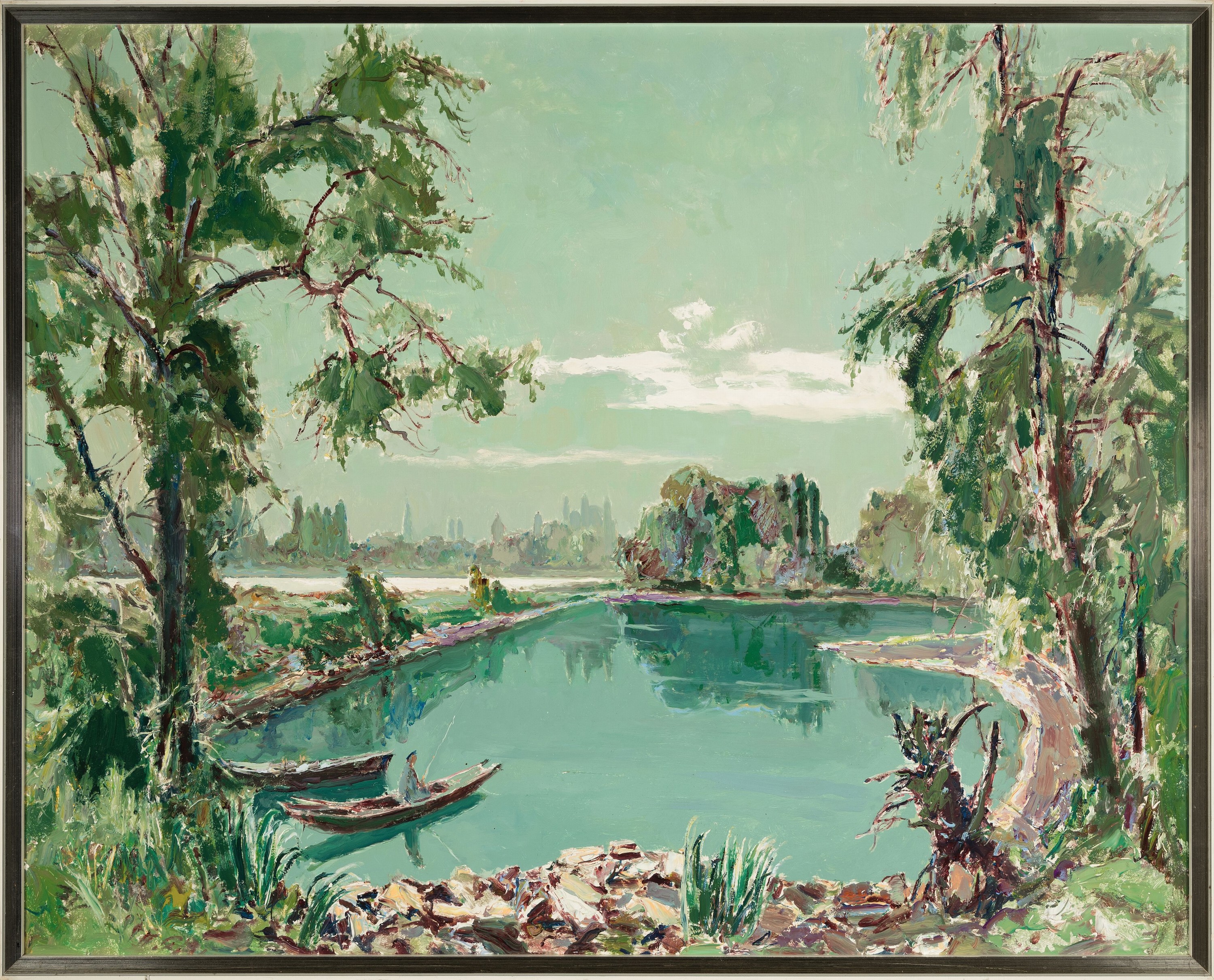 Detail k: Karl Graf, 1902 Rothenburg-1986 Speyer, "Blick vom badischen Altrhein auf Speyer" so verso bezeichnet, datiert 1978, Altrheinlandschaft mit ...