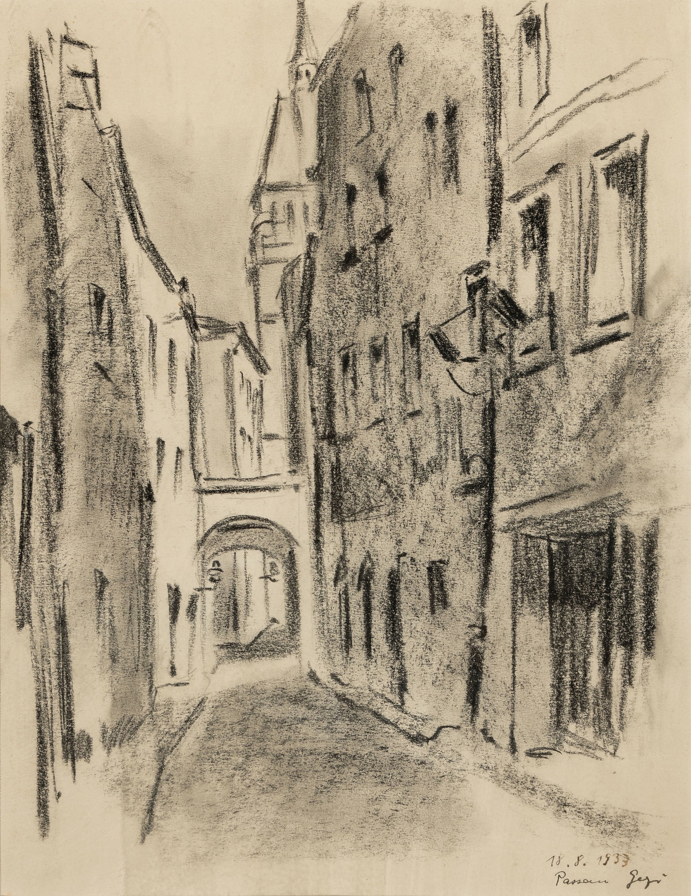 Rudolf Gerhard Zill, 1913 Leipzig-2007, 2 Aquarelle u. 1 Kreidezeichnung: "Passau" Straßenflucht, 1933; Hinterhof mit Hühnern, 1933; ...
