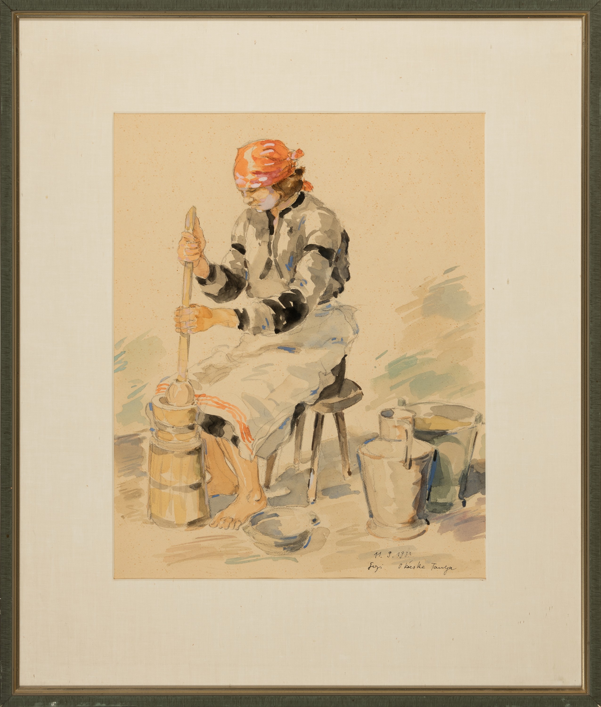 Rudolf Gerhard Zill, 1913 Leipzig-2007, 2 Aquarelle und eine Tuschezeichnung, Bäuerin beim Butter stampfen, 1933; Bäuerin am Kran; Bildnis zweier ...
