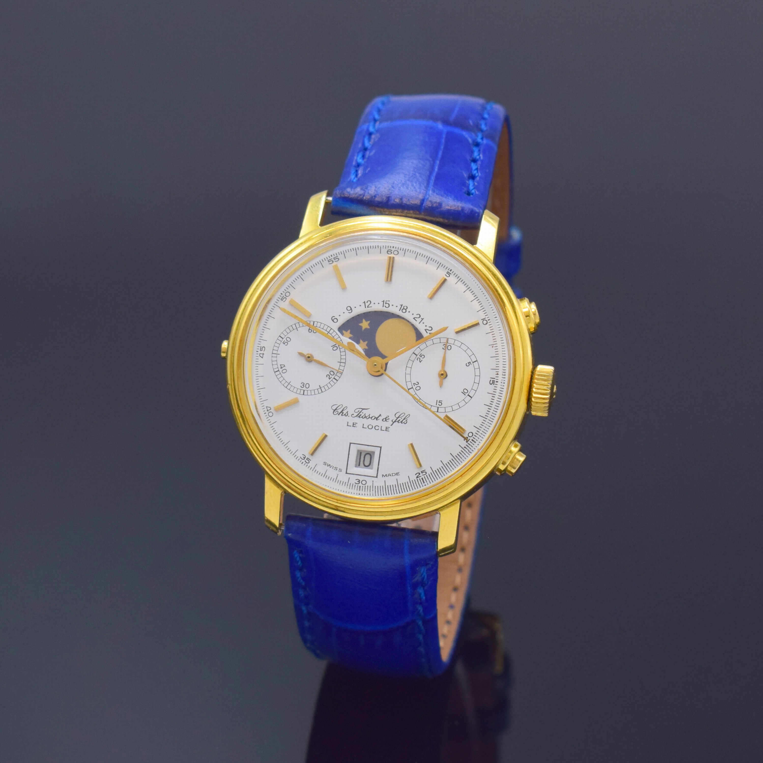 TISSOT Le Locle Herrenchronograph mit Mondphase in GG 750/000, Schweiz um 1980, Handaufzug, Boden verschr., Korrekturdr. seitl. im Geh. b. 9, weisses ...