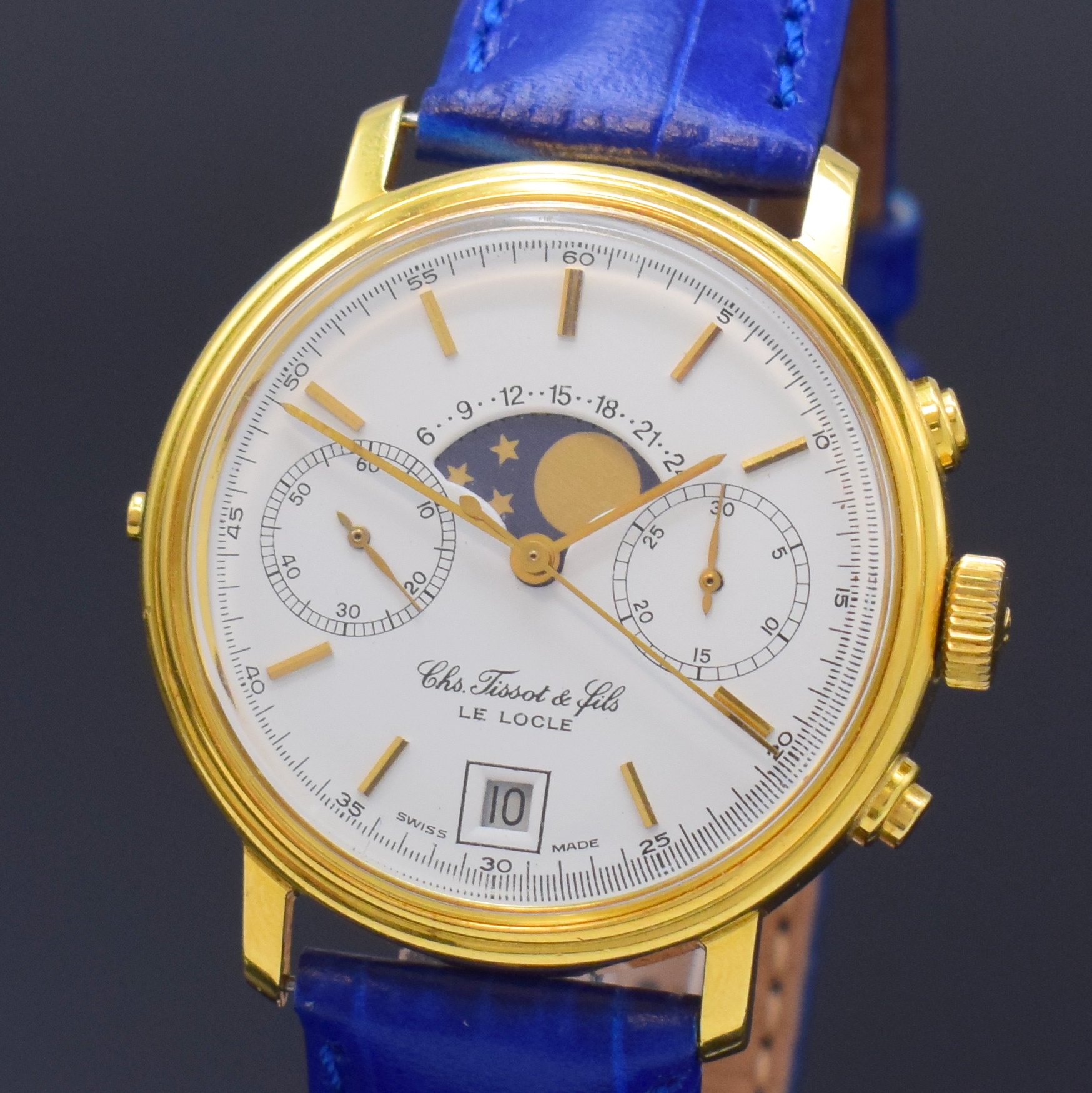 Detail a: TISSOT Le Locle Herrenchronograph mit Mondphase in GG 750/000, Schweiz um 1980, Handaufzug, Boden verschr., Korrekturdr. seitl. im Geh. b. 9, weisses ...