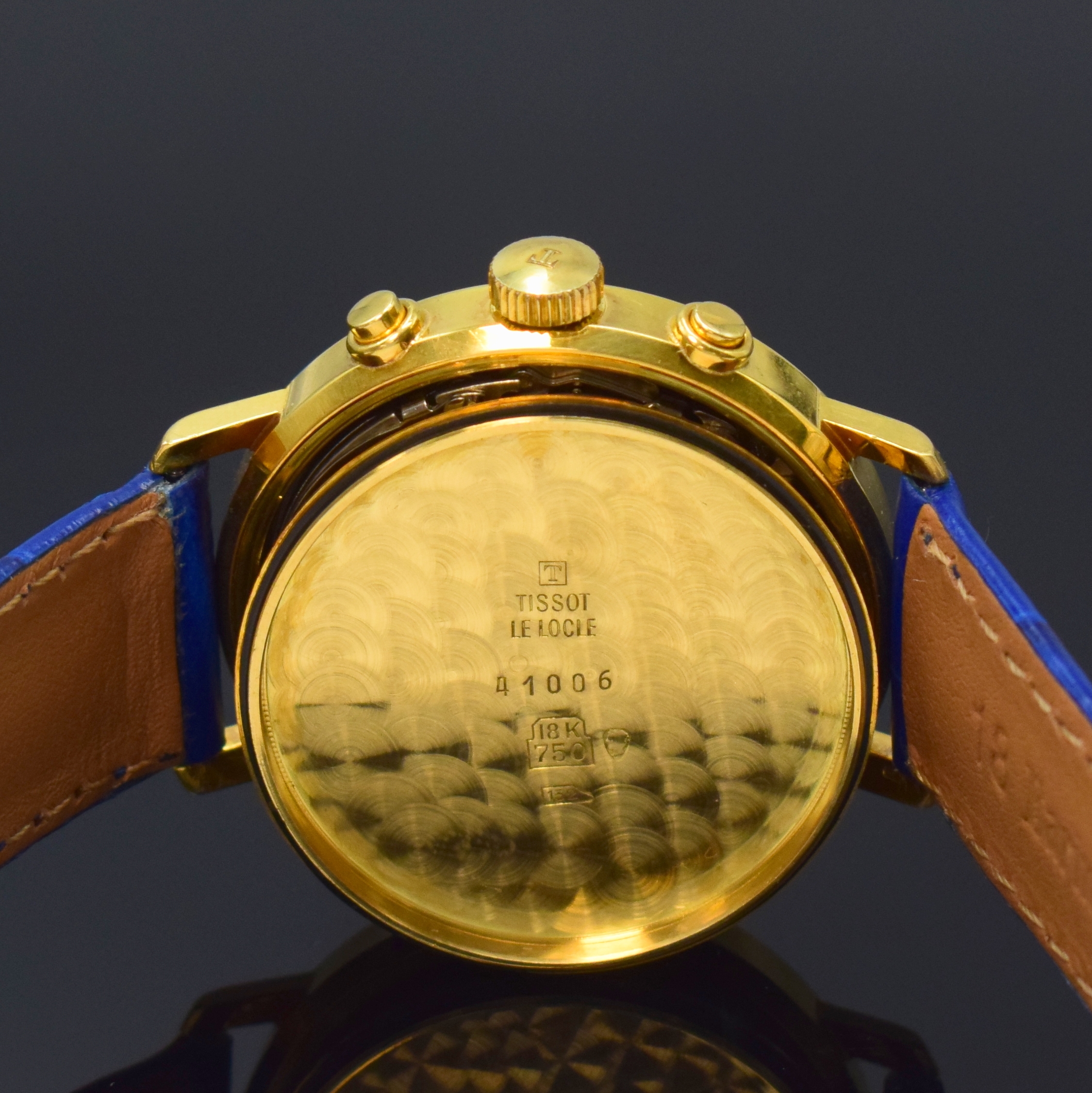 Detail f: TISSOT Le Locle Herrenchronograph mit Mondphase in GG 750/000, Schweiz um 1980, Handaufzug, Boden verschr., Korrekturdr. seitl. im Geh. b. 9, weisses ...