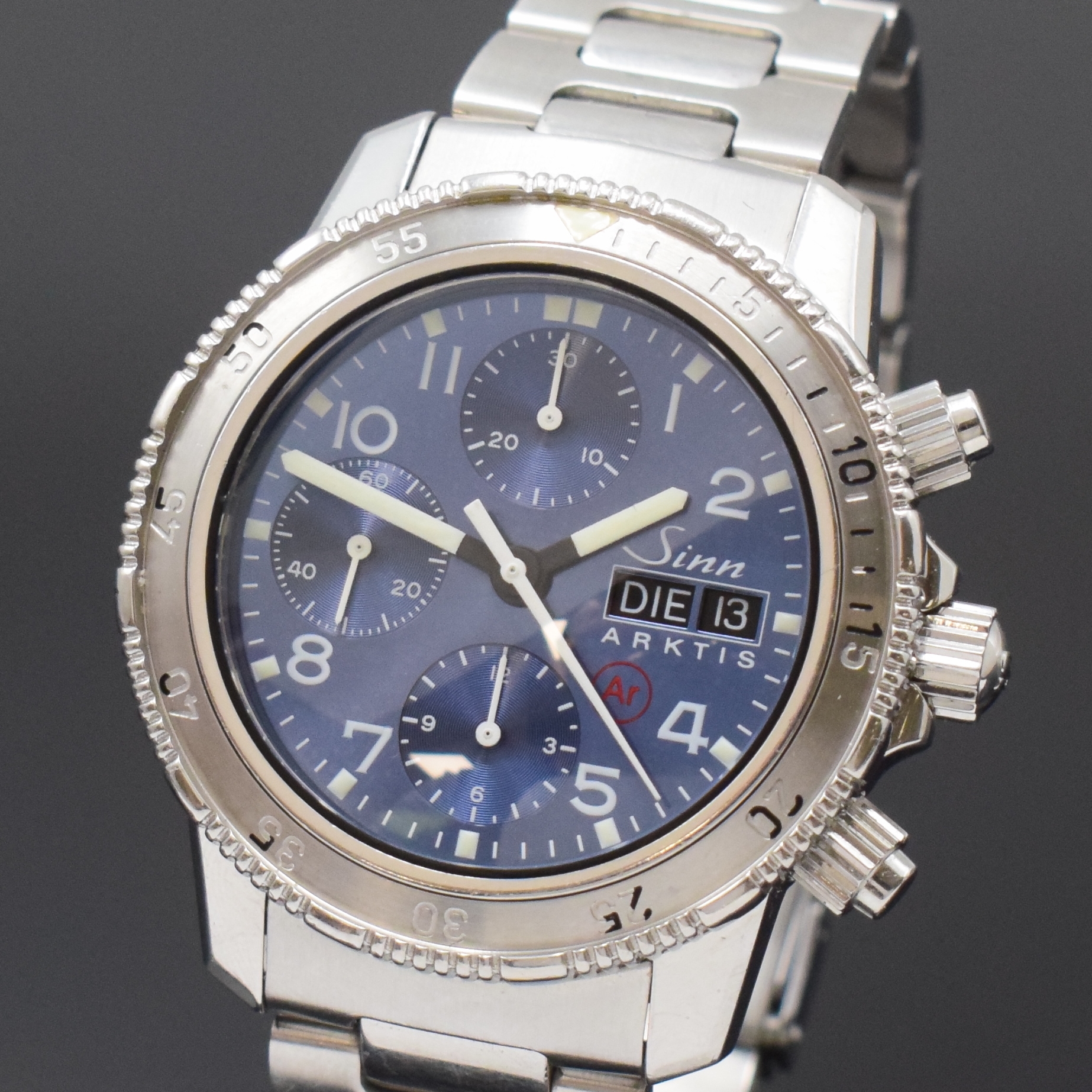 Detail a: SINN Armbandchronograph Arktis Referenz 203, Schweiz um 1995, Automatik, Edelstahlgeh. inkl. Gliederband m. Faltschl. u. Tauchverlängerung, Boden, ...
