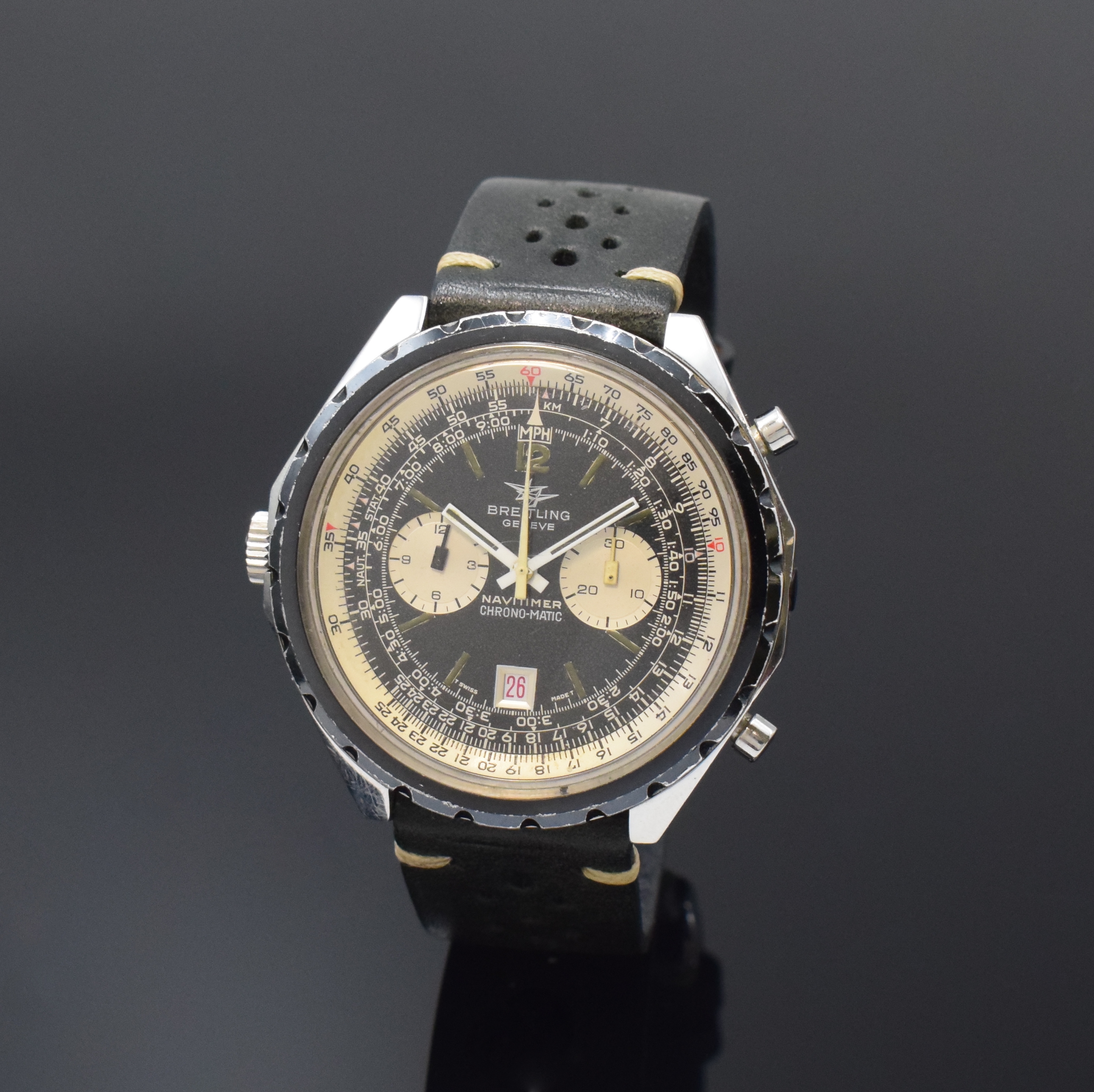 BREITLING Armbandchronograph Navitimer Chrono-Matic Referenz 1806, Schweiz um 1970, Automatik, verschr. Stahlgeh. inkl. Lederband m. orig. Dornschl., ...