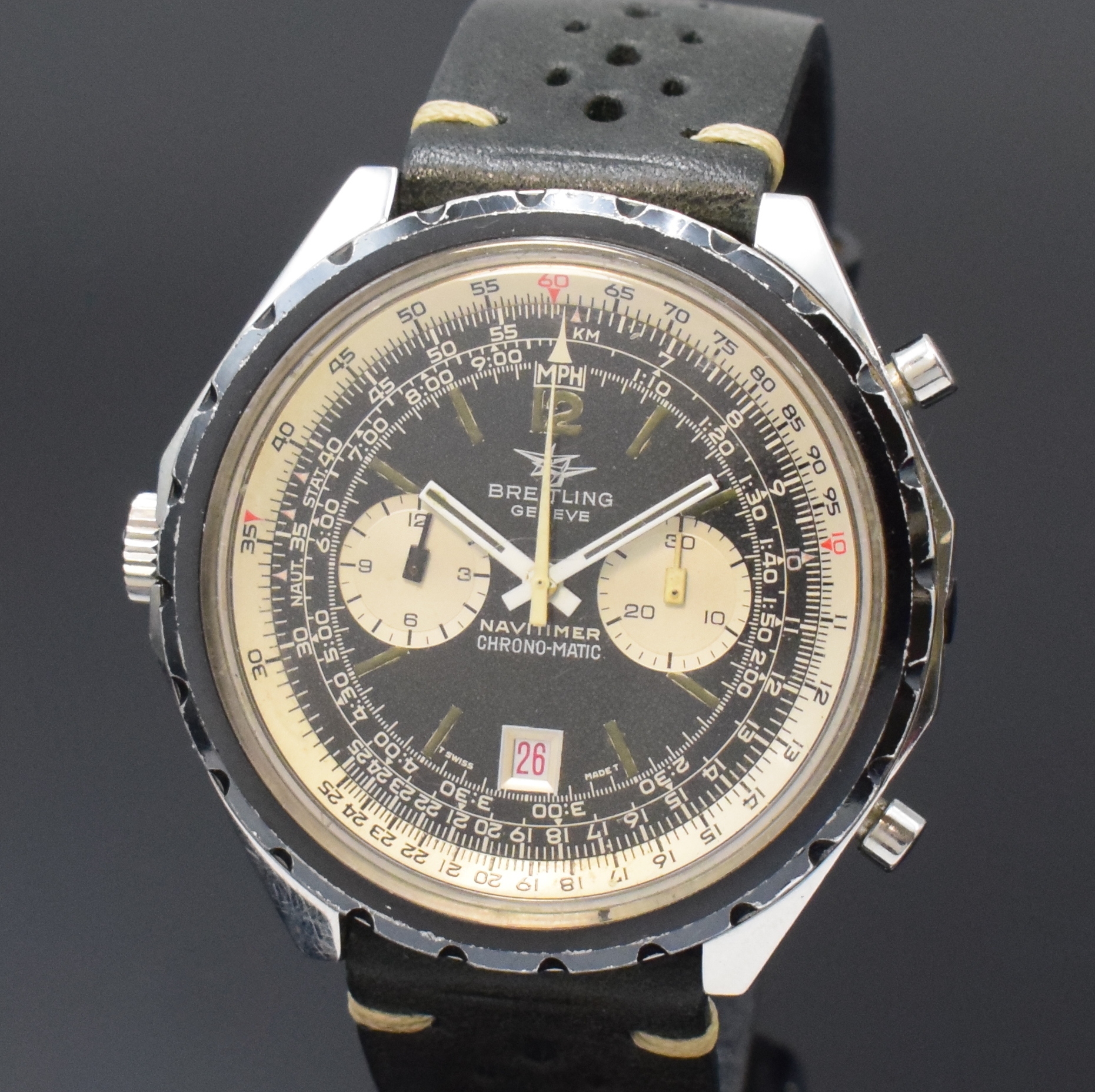 Detail a: BREITLING Armbandchronograph Navitimer Chrono-Matic Referenz 1806, Schweiz um 1970, Automatik, verschr. Stahlgeh. inkl. Lederband m. orig. Dornschl., ...