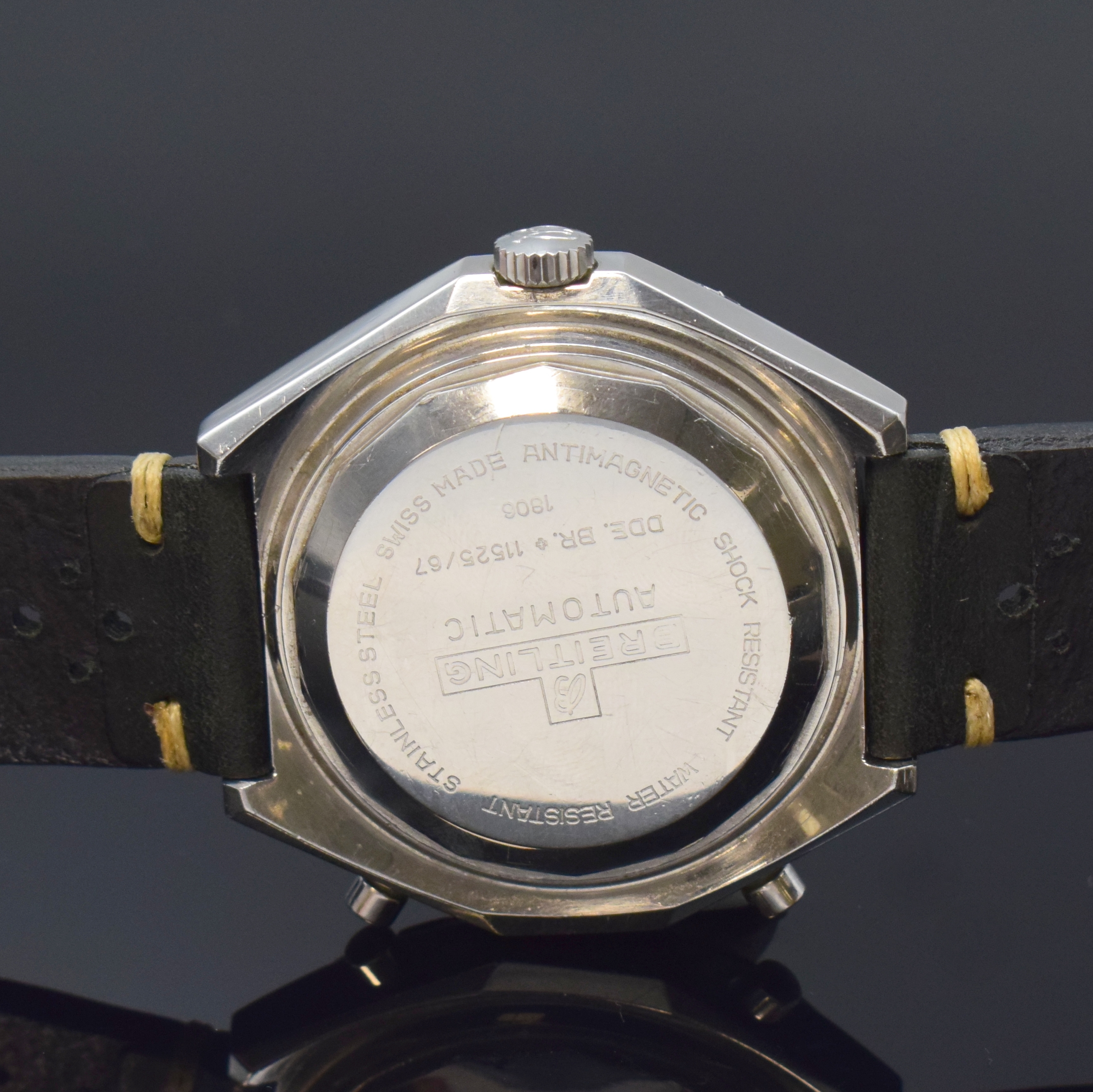 Detail e: BREITLING Armbandchronograph Navitimer Chrono-Matic Referenz 1806, Schweiz um 1970, Automatik, verschr. Stahlgeh. inkl. Lederband m. orig. Dornschl., ...