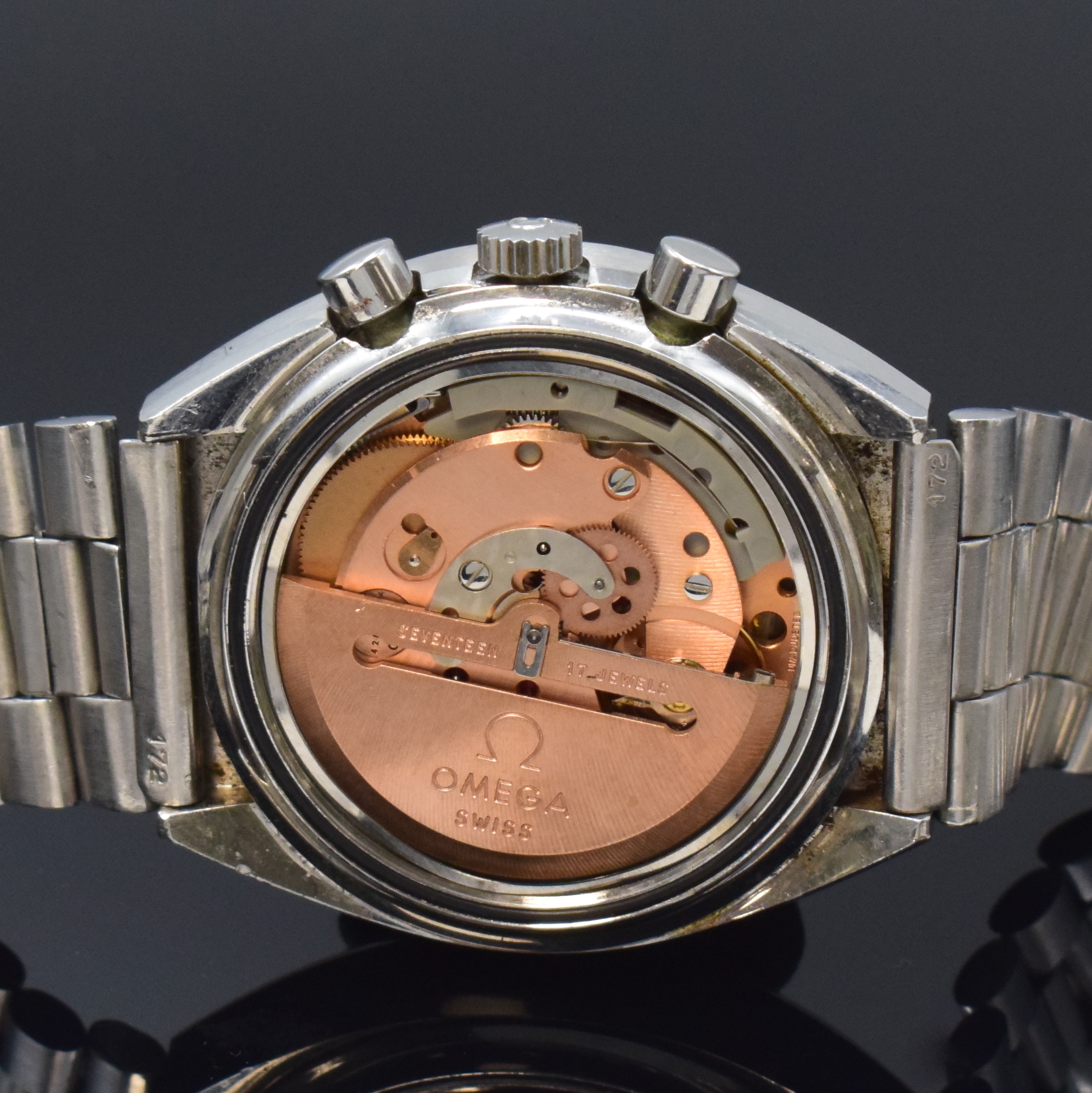 Detail e: OMEGA Speedmaster Armbandchronograph sogenannte Mark 4,5 Referenz 176.0012, Schweiz um 1979, Automatik, verschr. Geh. inkl. orig. Gliederband m. ...