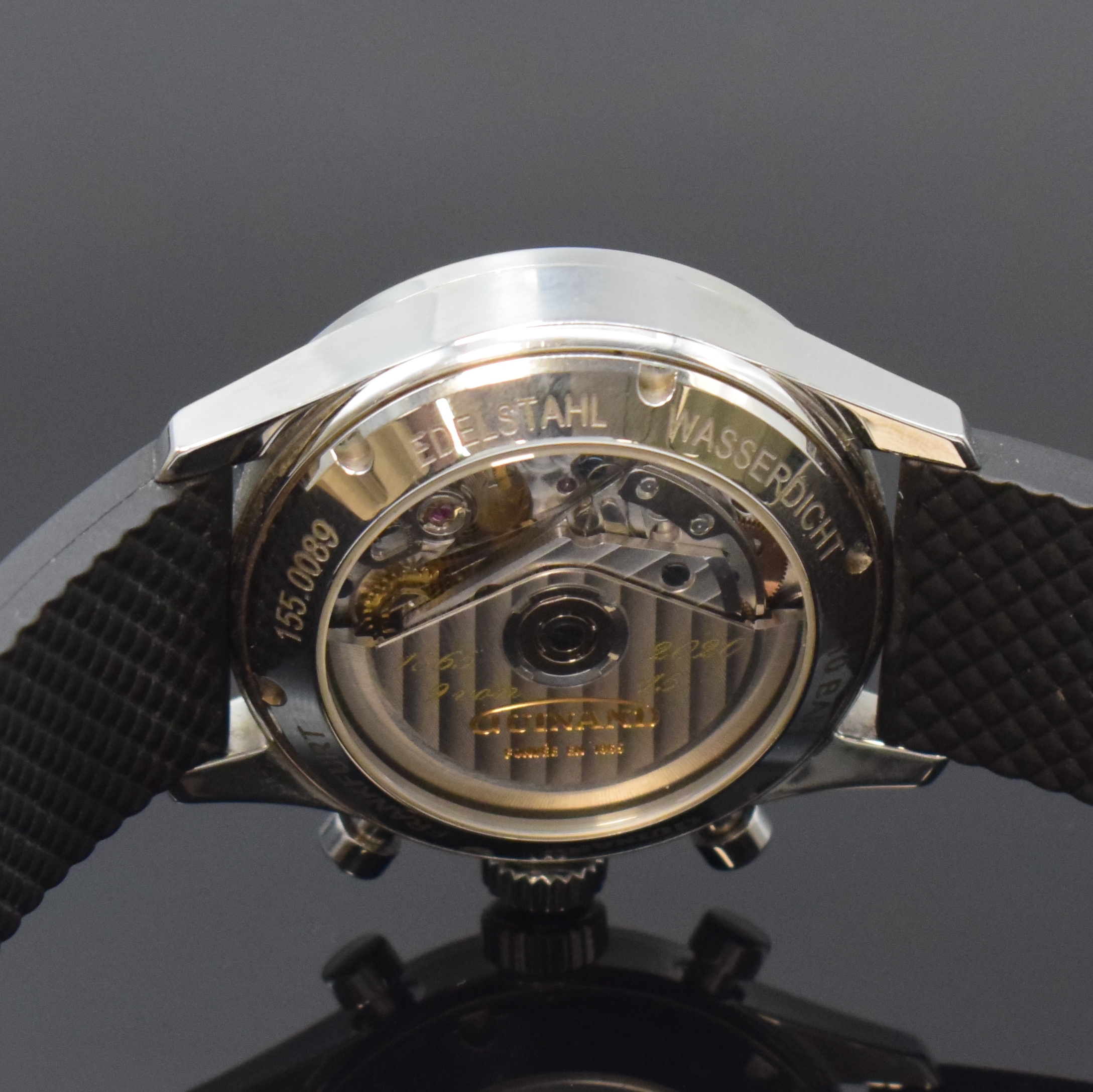 Detail e: GUINAND auf 15 Stück limitierter Armbandchronograph Jubilee Edition in Stahl Referenz 155, Schweiz um 2020, Automatik, beids. vergl. Geh. inkl. ...