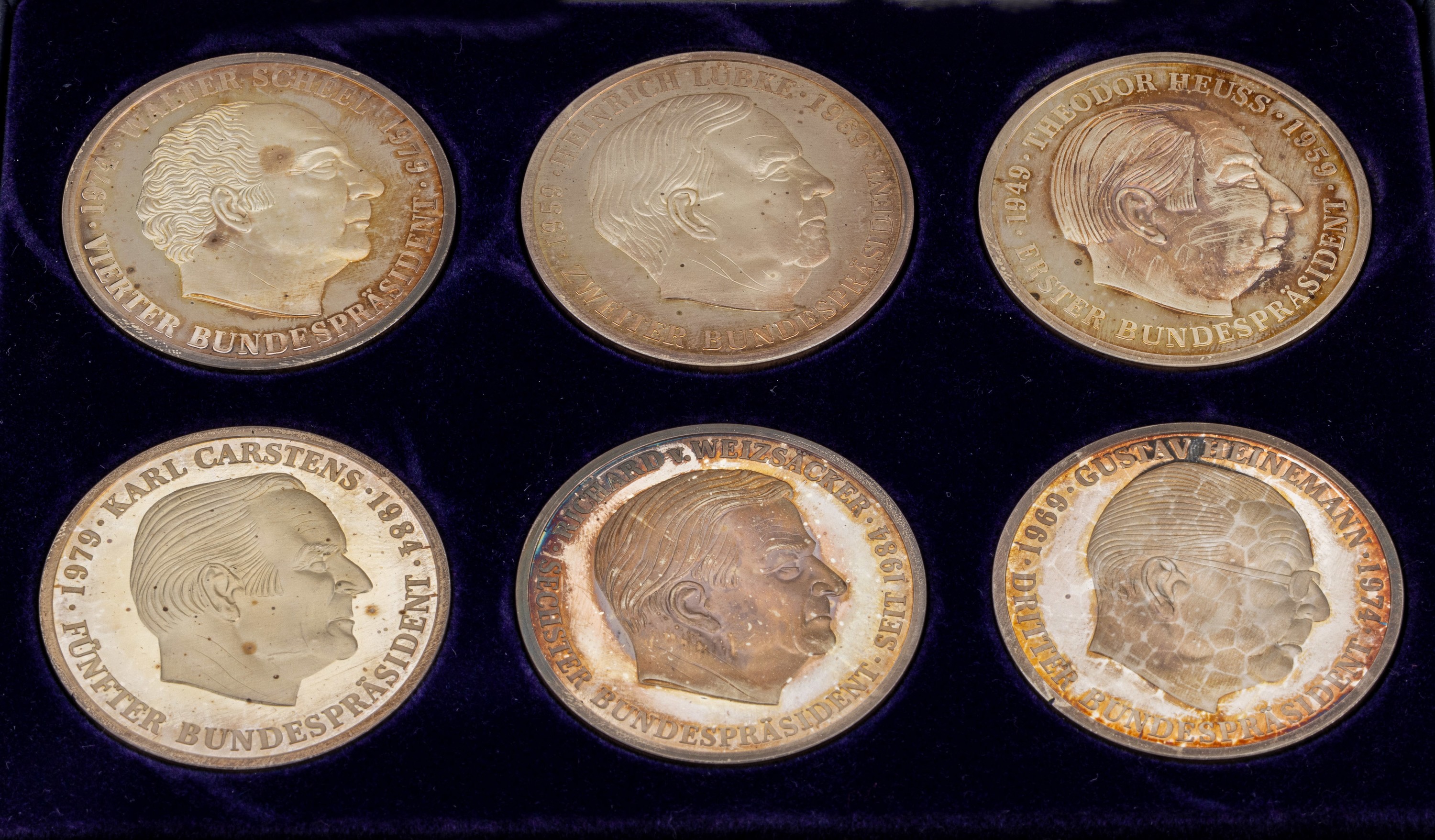 Set 6 Silbermedaillen, Deutschland 1989, AV: die ersten Bundespräsidenten, Theodor Heuss, Heinrich Lübke, Gustav Heinemann, Walter Scheel, Karl ...