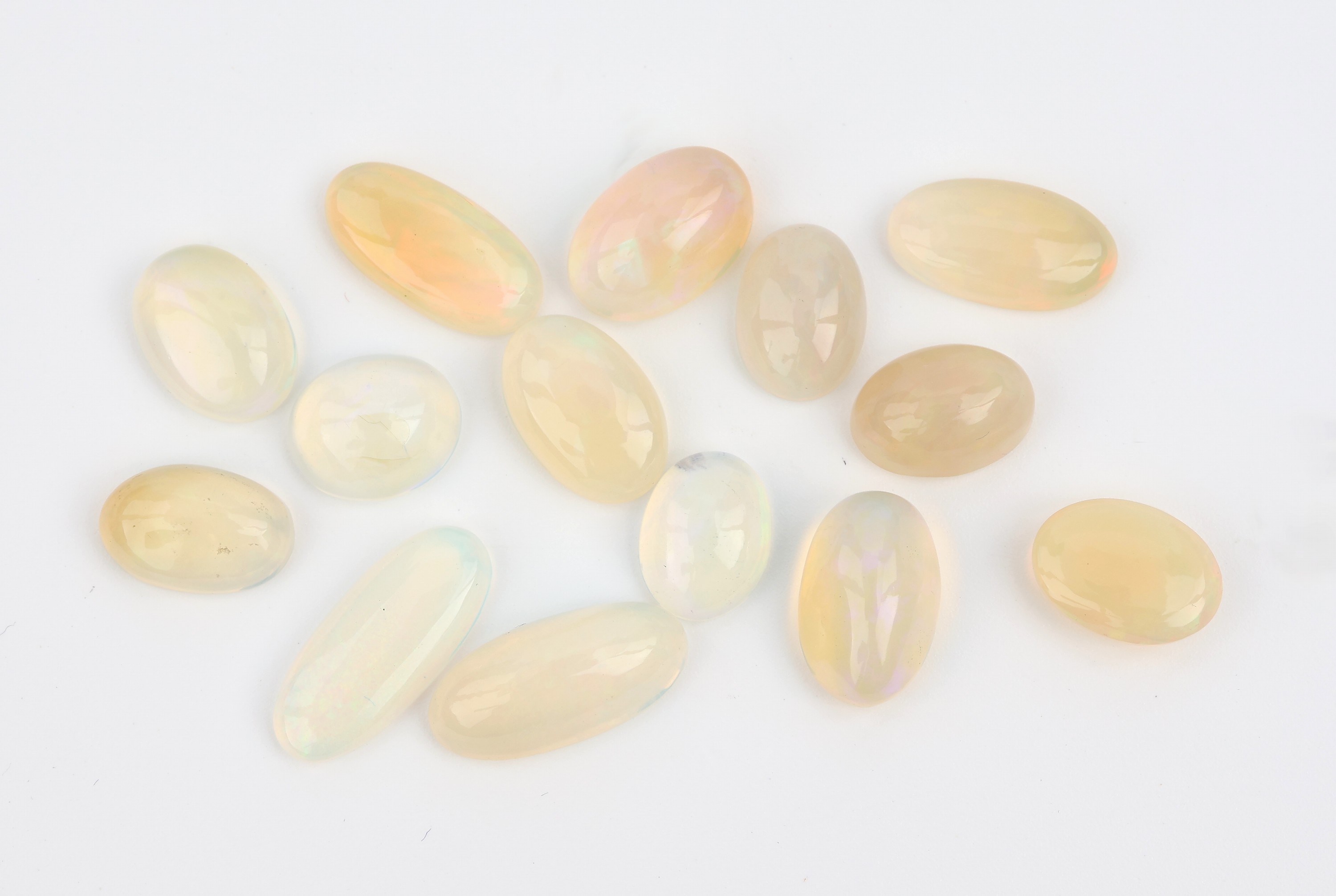 Lot 14 lose Opale, ca. 26.3 ct, Cabochons in versch. Grössen und Formen, Farbspiel hauptsächlich in blau und grün