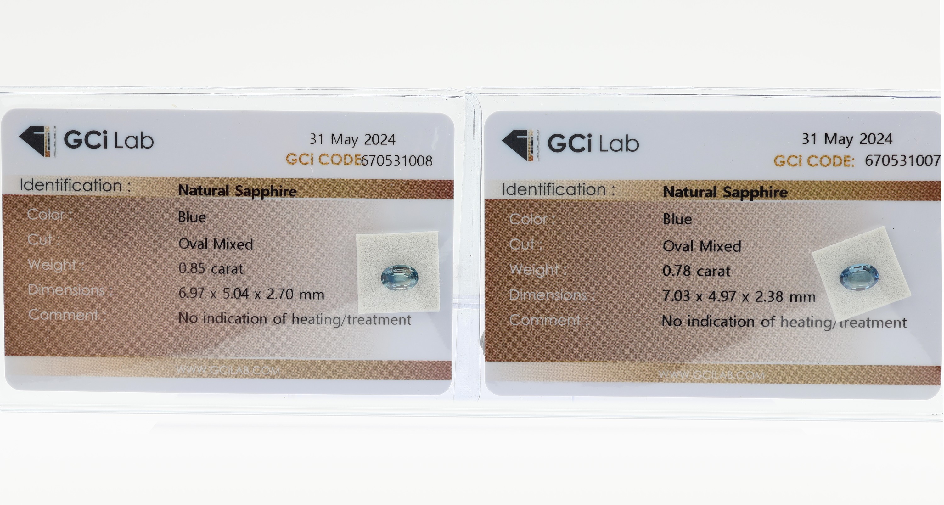 Lot 2 lose Saphire, ovalfacett., 1 x 0.78 ct, 1 x 0.85 ct, jeweils eingeschweisst, GCi Lab Expertise, keine Anzeichen von Farb- und Hitzebehandlung