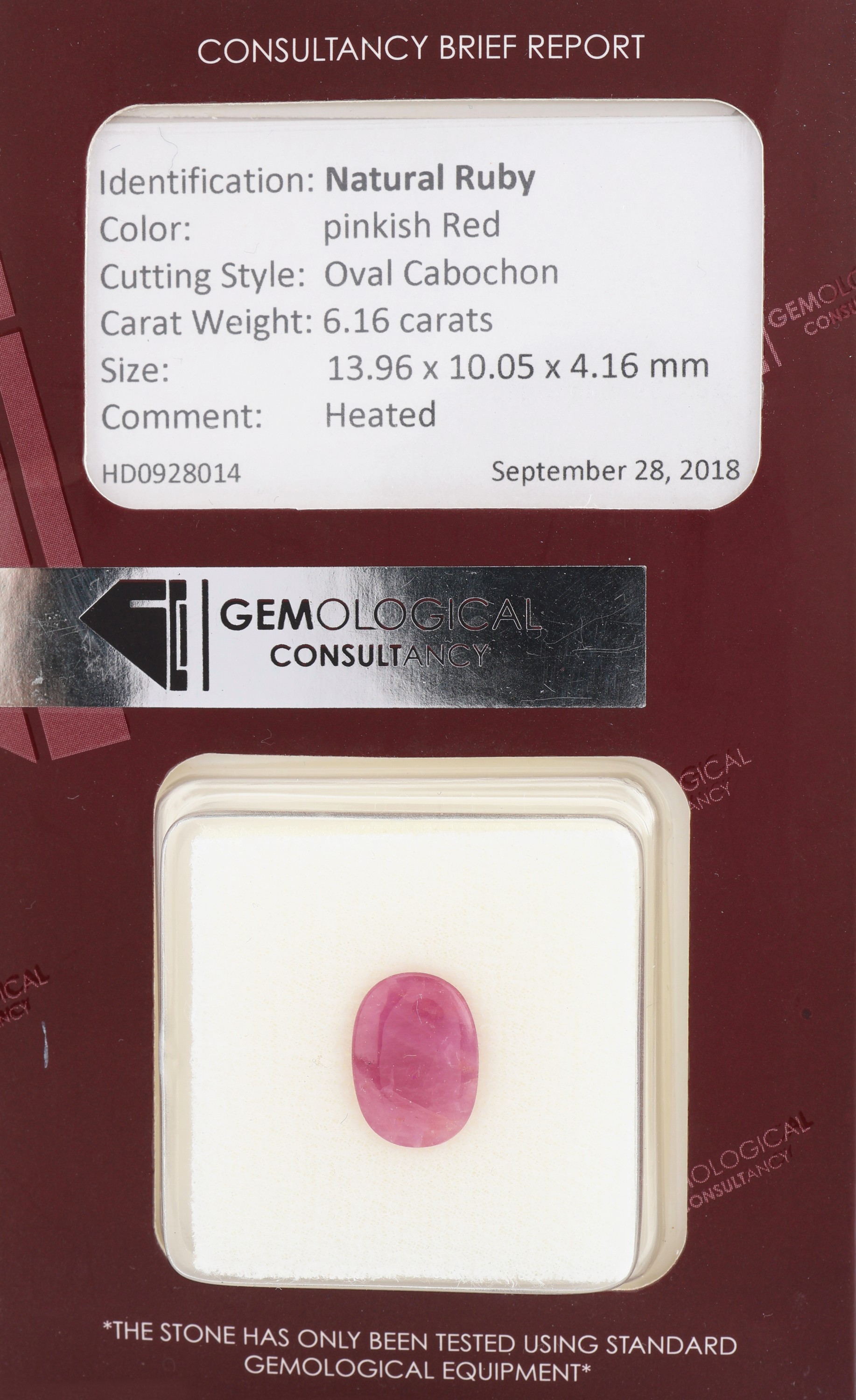 Loser Rubin, 6.16 ct, ovaler Cabochon, eingeschweißt, GEMOLOGICAL Consultancy Report,erhitzt