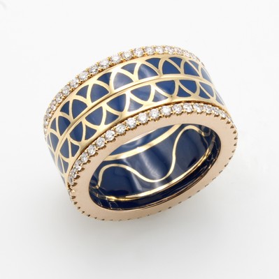 Image Ring mit Emaille und Brillanten, GG 750/000,2 drehbare Mittelschienen blau emailliert, ...