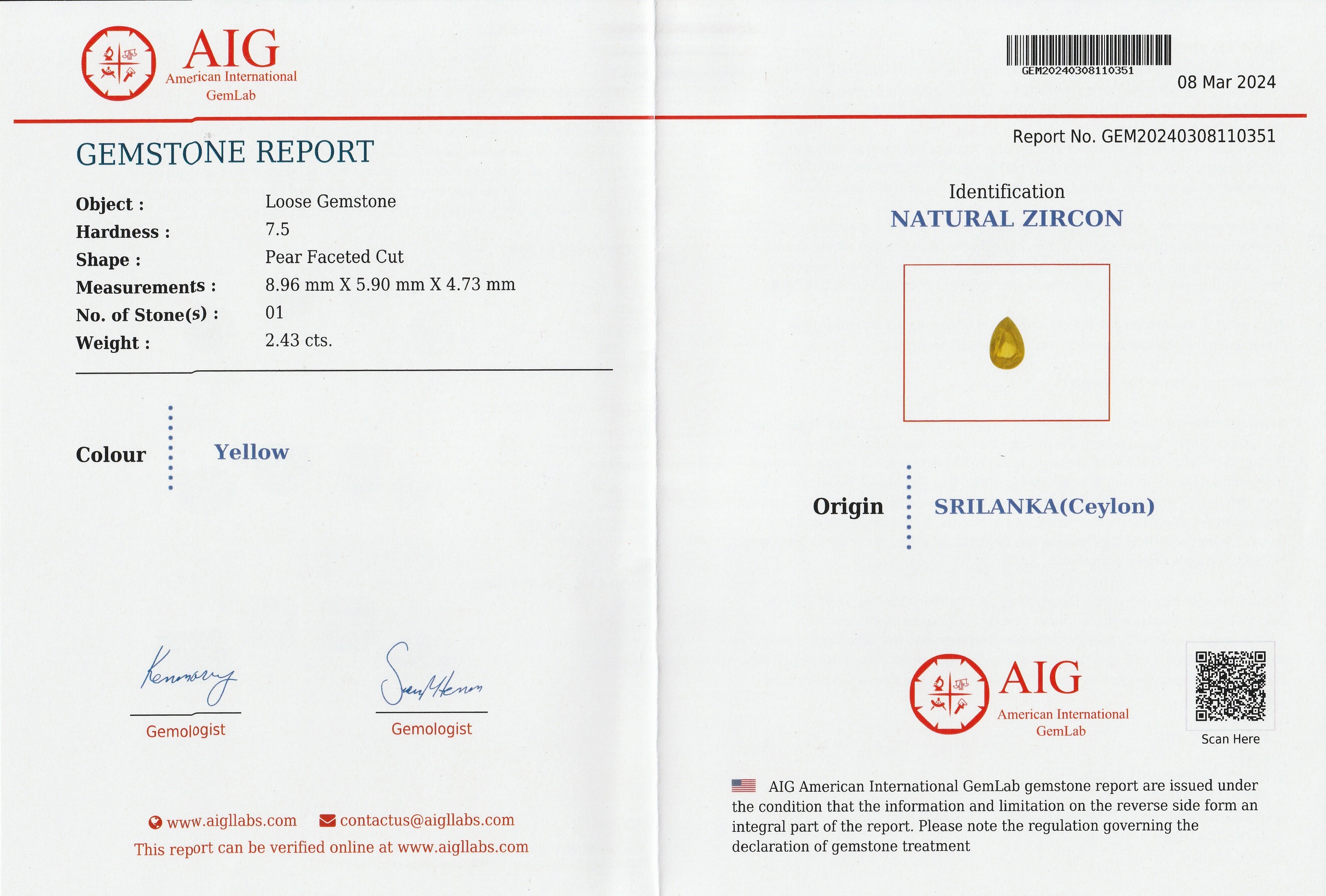 Detail b: Loser nat. Zirkon, 2.43 ct, gelb, facett. Tropfen, mit AIG-Expertise