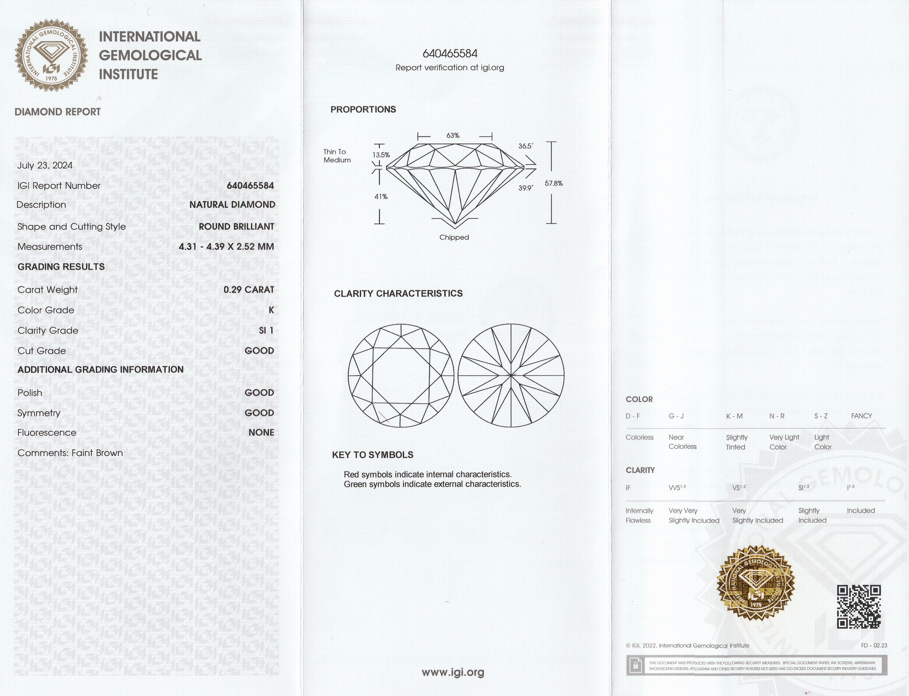 Detail a: Loser Brillant, 0.29 ct get.Weiss(K)/si1, eingeschweisst, mit IGI-Expertise