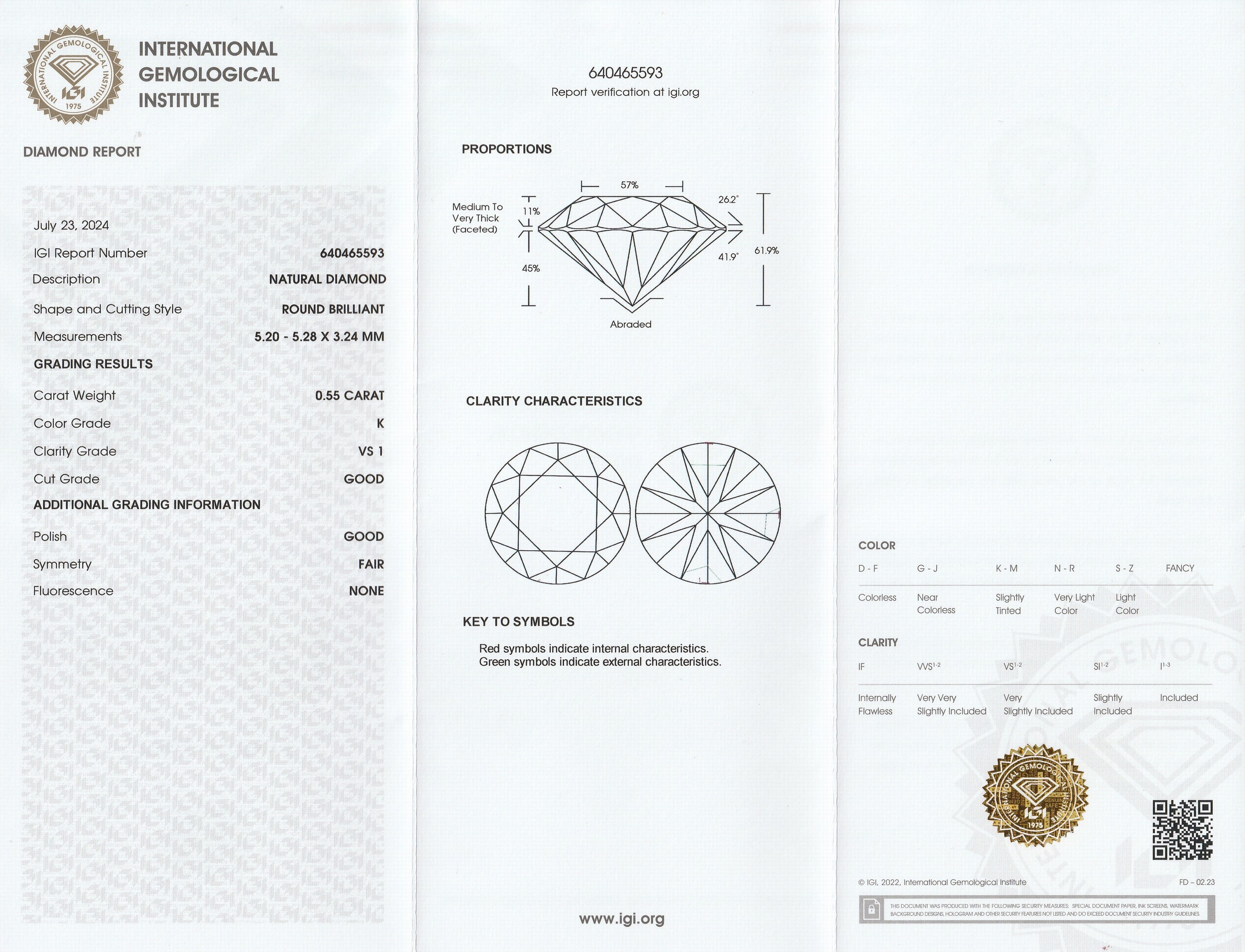Detail a: Loser Brillant, 0.55 ct get.Weiss(K)/vs1, eingeschweisst, IGI-Expertise