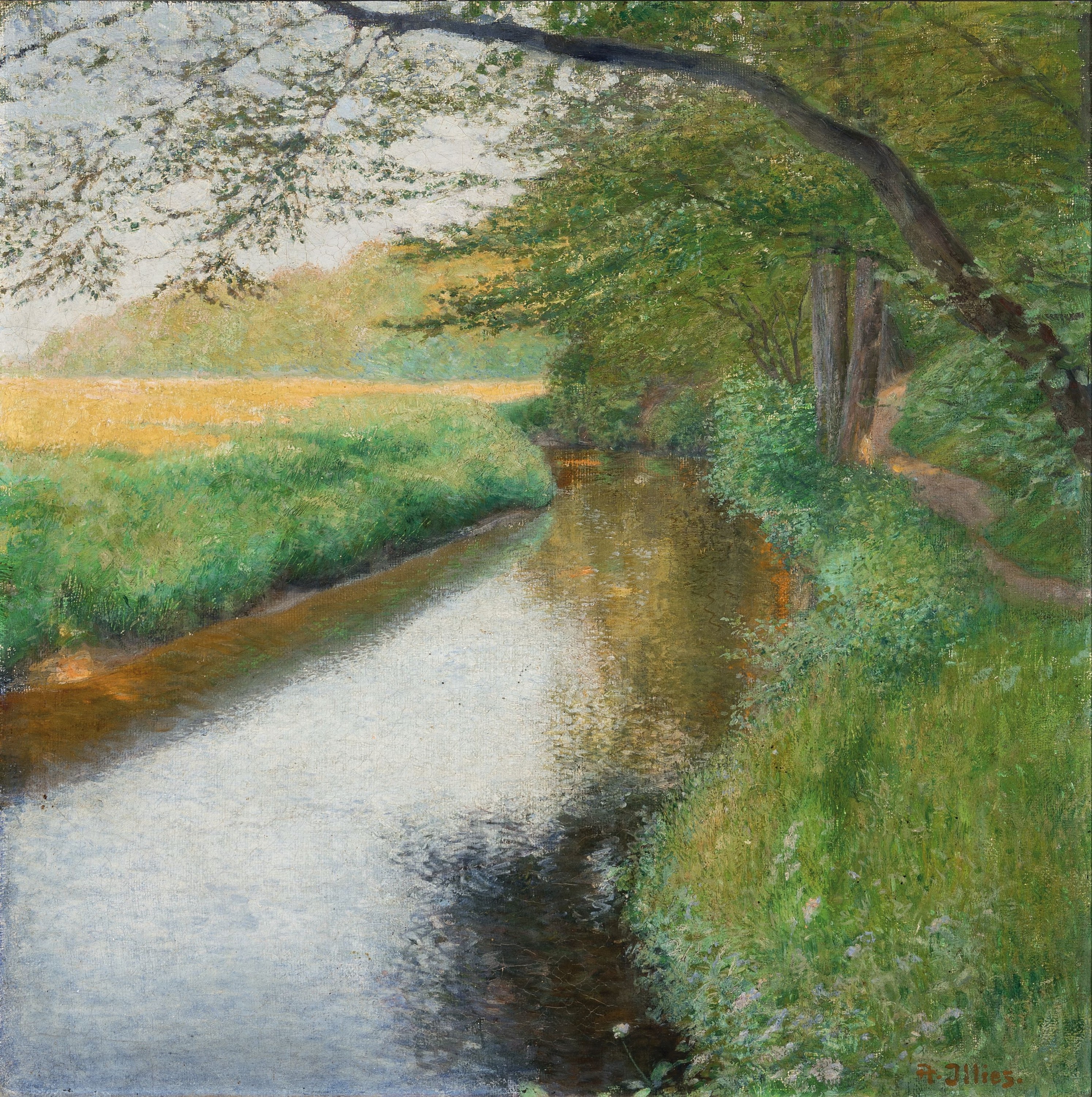 Arthur Illies, 1870 Hamburg-1952 Lüneburg, Sommerliche Landschaft mit Bachlauf, Bäumen und Wiesen, Öl/Lwd, impressionistische Malweise, rechts ...