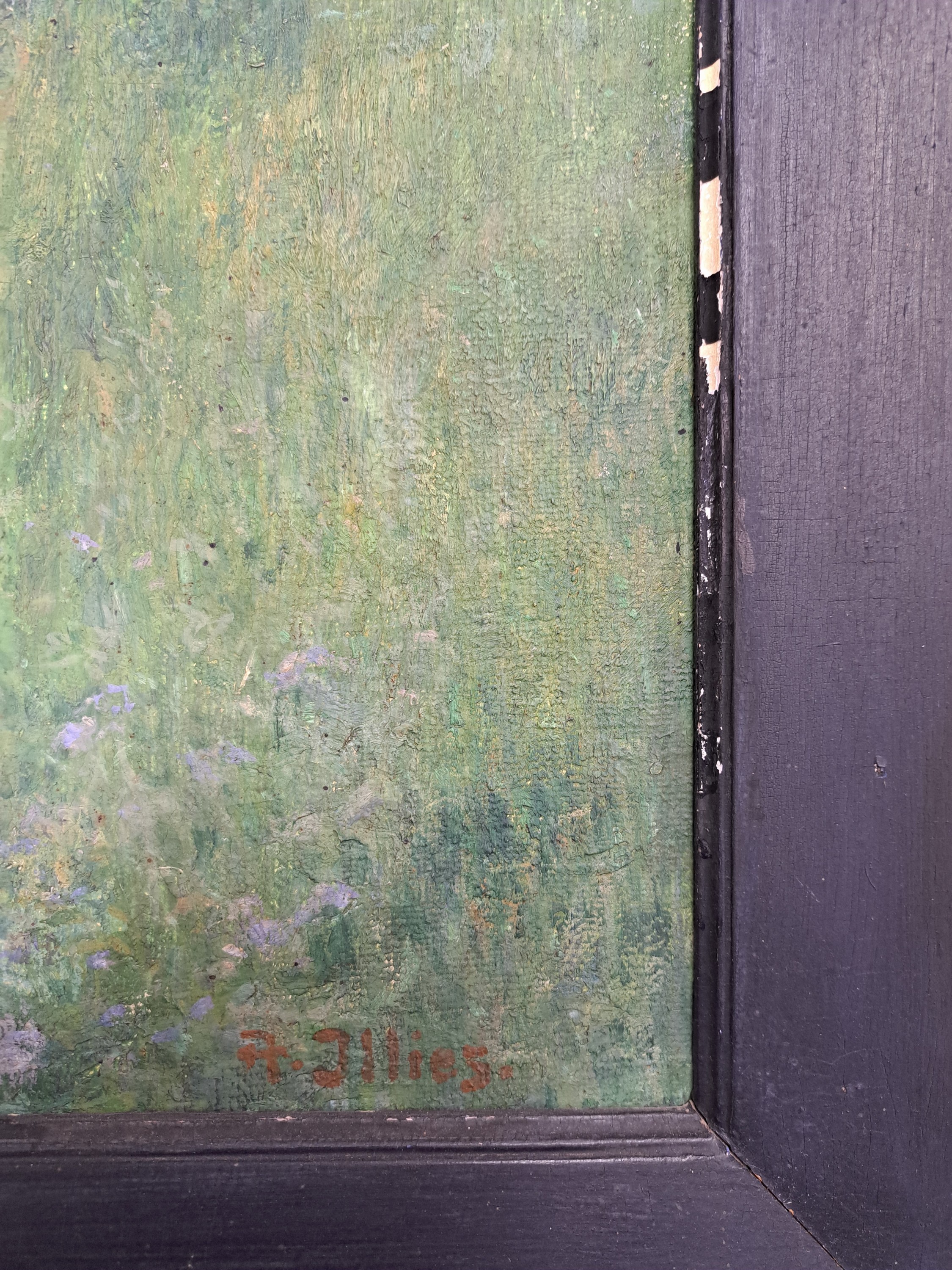 Detail a: Arthur Illies, 1870 Hamburg-1952 Lüneburg, Sommerliche Landschaft mit Bachlauf, Bäumen und Wiesen, Öl/Lwd, impressionistische Malweise, rechts ...
