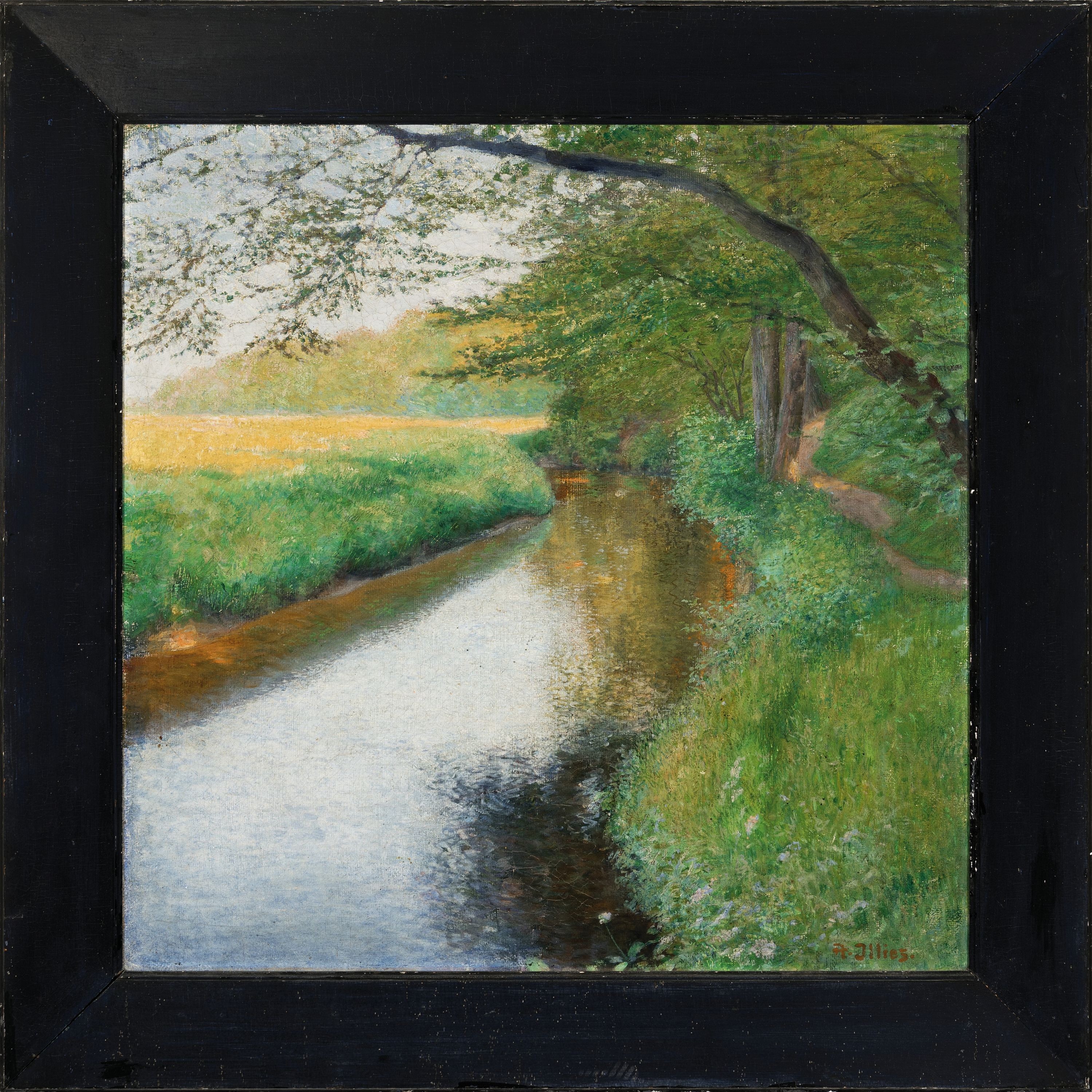 Detail k: Arthur Illies, 1870 Hamburg-1952 Lüneburg, Sommerliche Landschaft mit Bachlauf, Bäumen und Wiesen, Öl/Lwd, impressionistische Malweise, rechts ...
