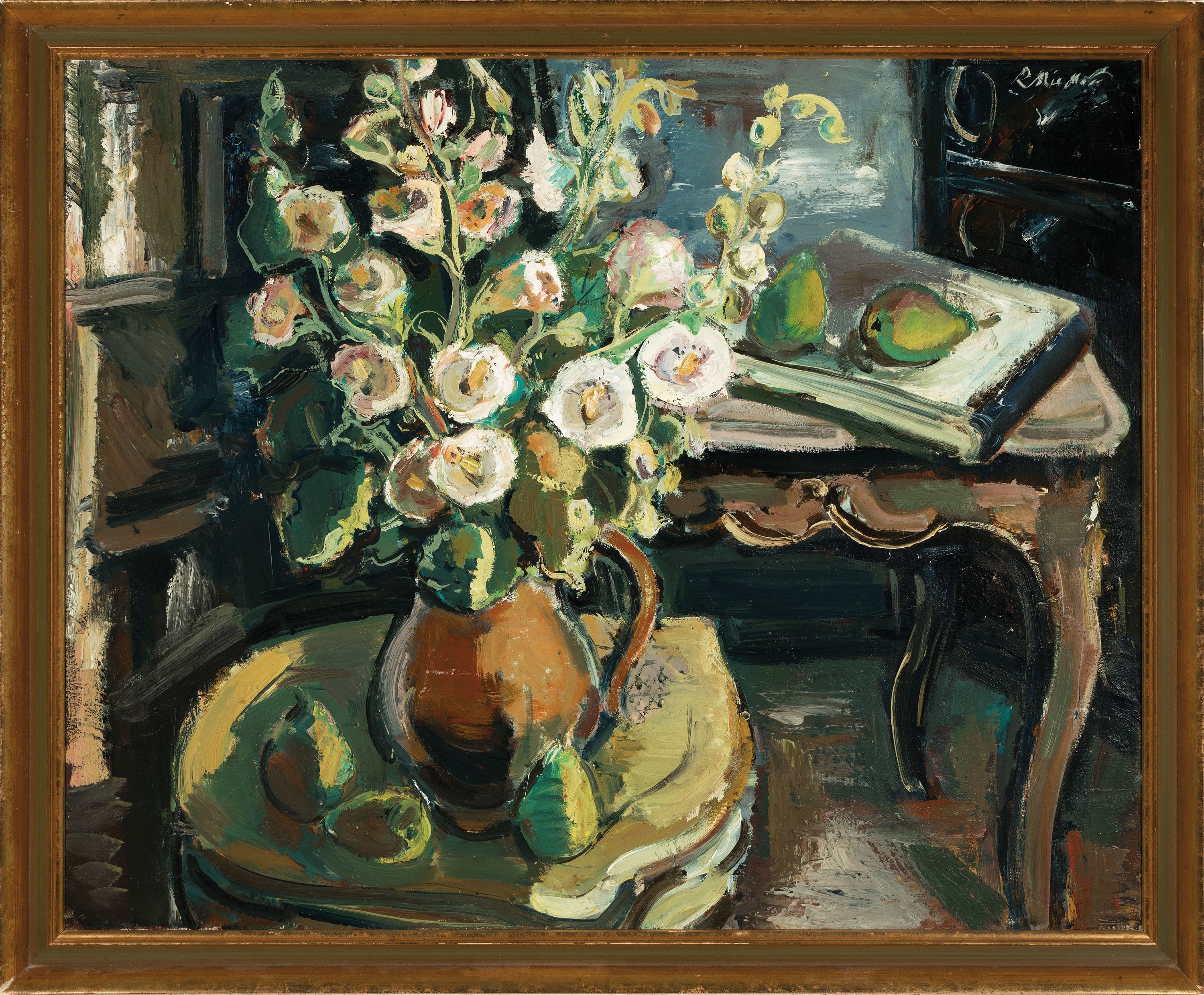 Detail k: Rolf Müller-Landau, 1903 Kayingchow-1956 Bad Bergzabern, Interieur mit Blumenstillleben, Öl/Lwd, rechts oben sign., ca. 65x80cm, R. ca. 71x86cm