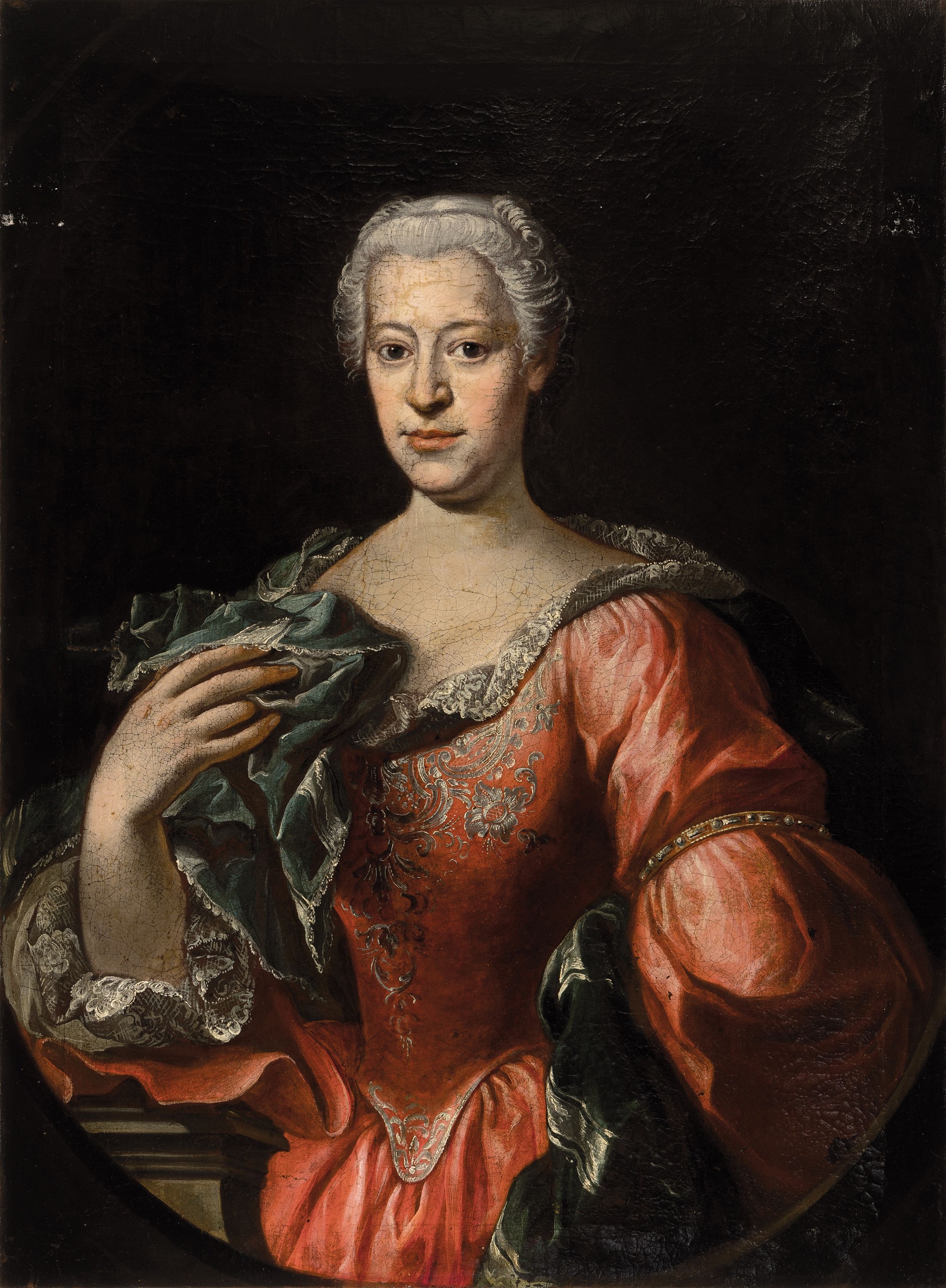 Unbekannter Maler des Barock, um 1760-80, Porträt einer adligen Dame, Öl/Lwd, feine detailreiche Malerei mit guter Stofflichkeit, rest., dennoch ...