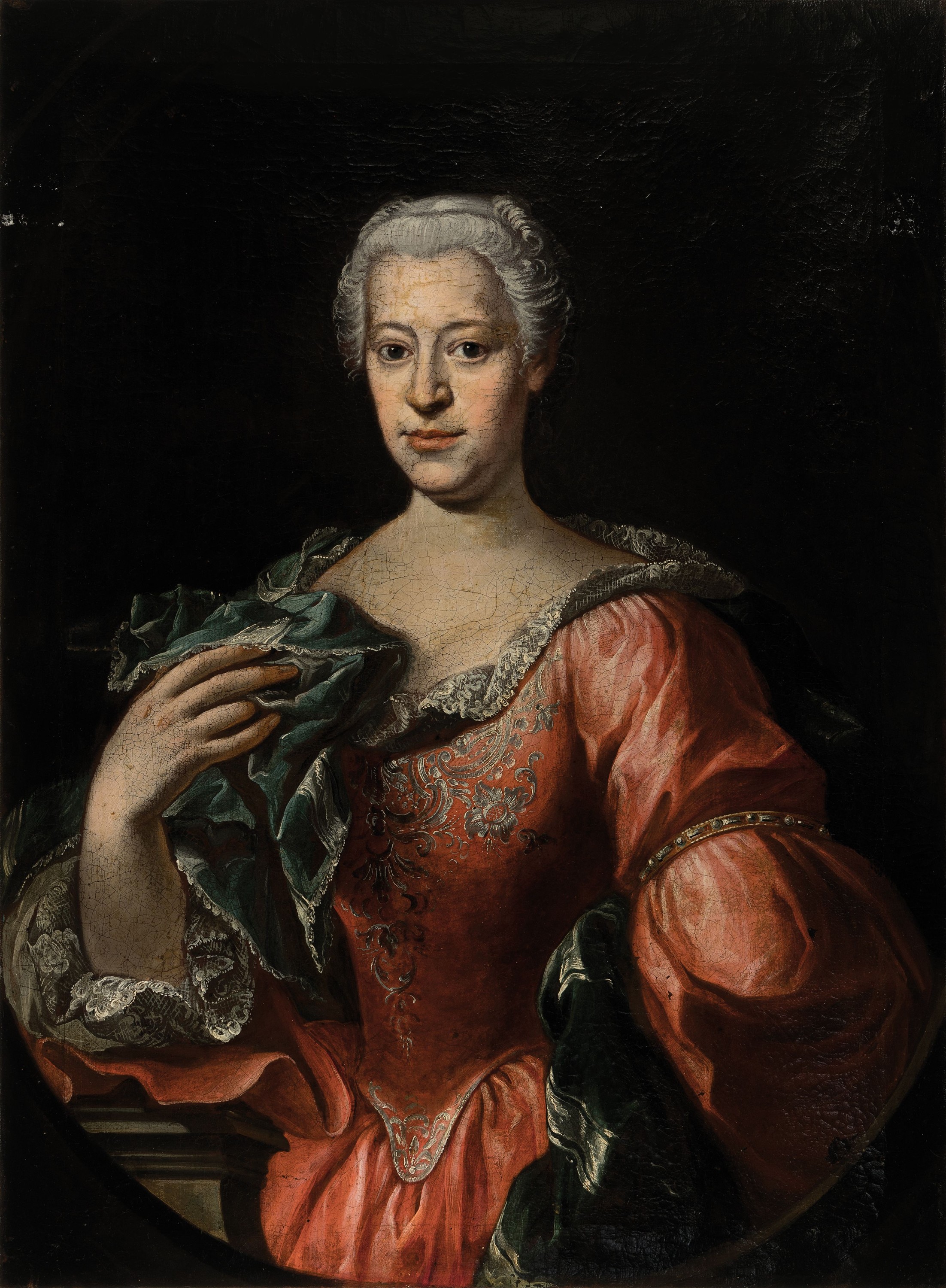 Detail k: Unbekannter Maler des Barock, um 1760-80, Porträt einer adligen Dame, Öl/Lwd, feine detailreiche Malerei mit guter Stofflichkeit, rest., dennoch ...