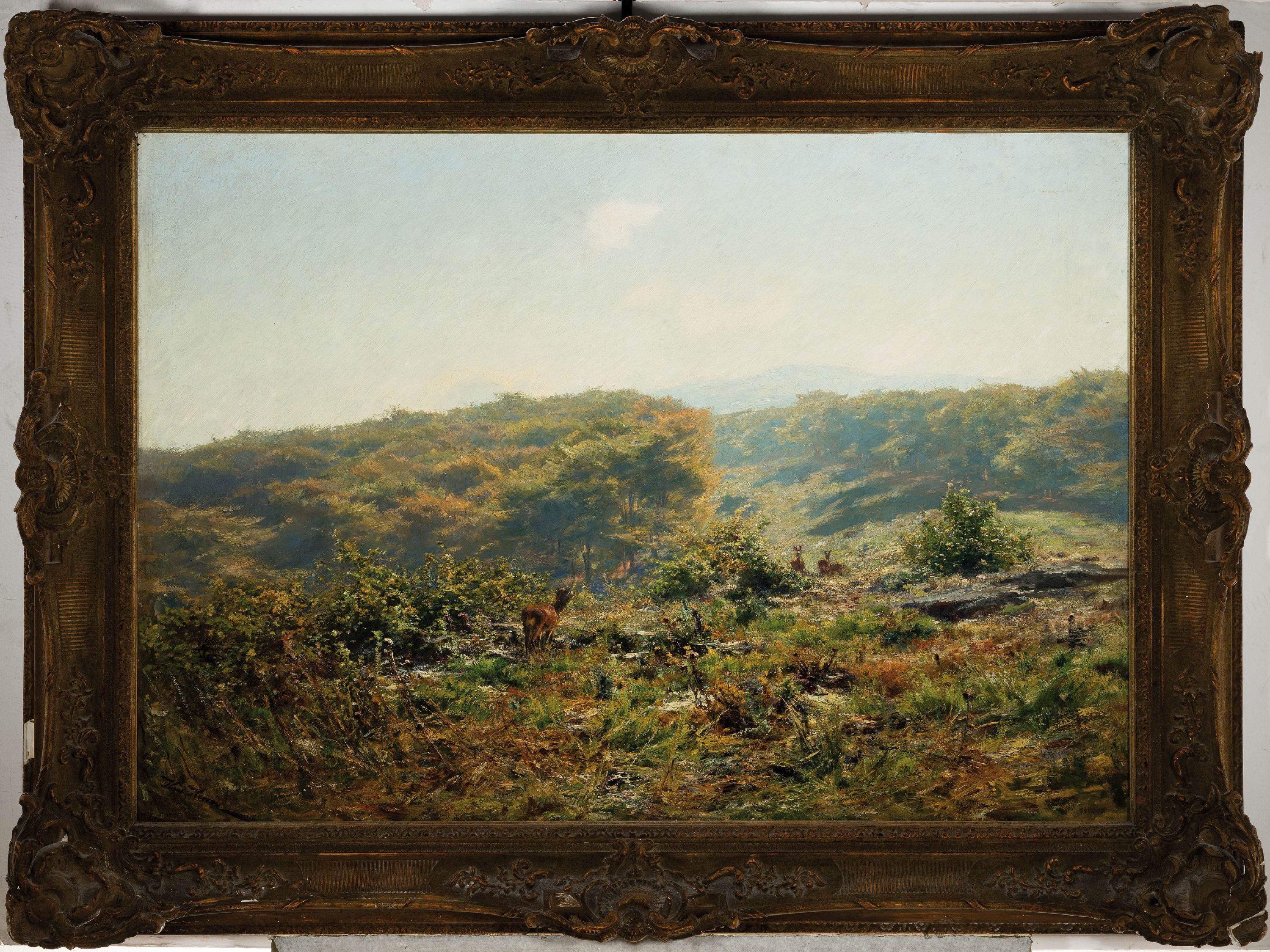 Detail k: Hermann Ottomar Herzog, 1832-1932, Weite hügelige Landschaft mit Rehen, Öl/Lwd, links unten signiert, ca. 72x104cm