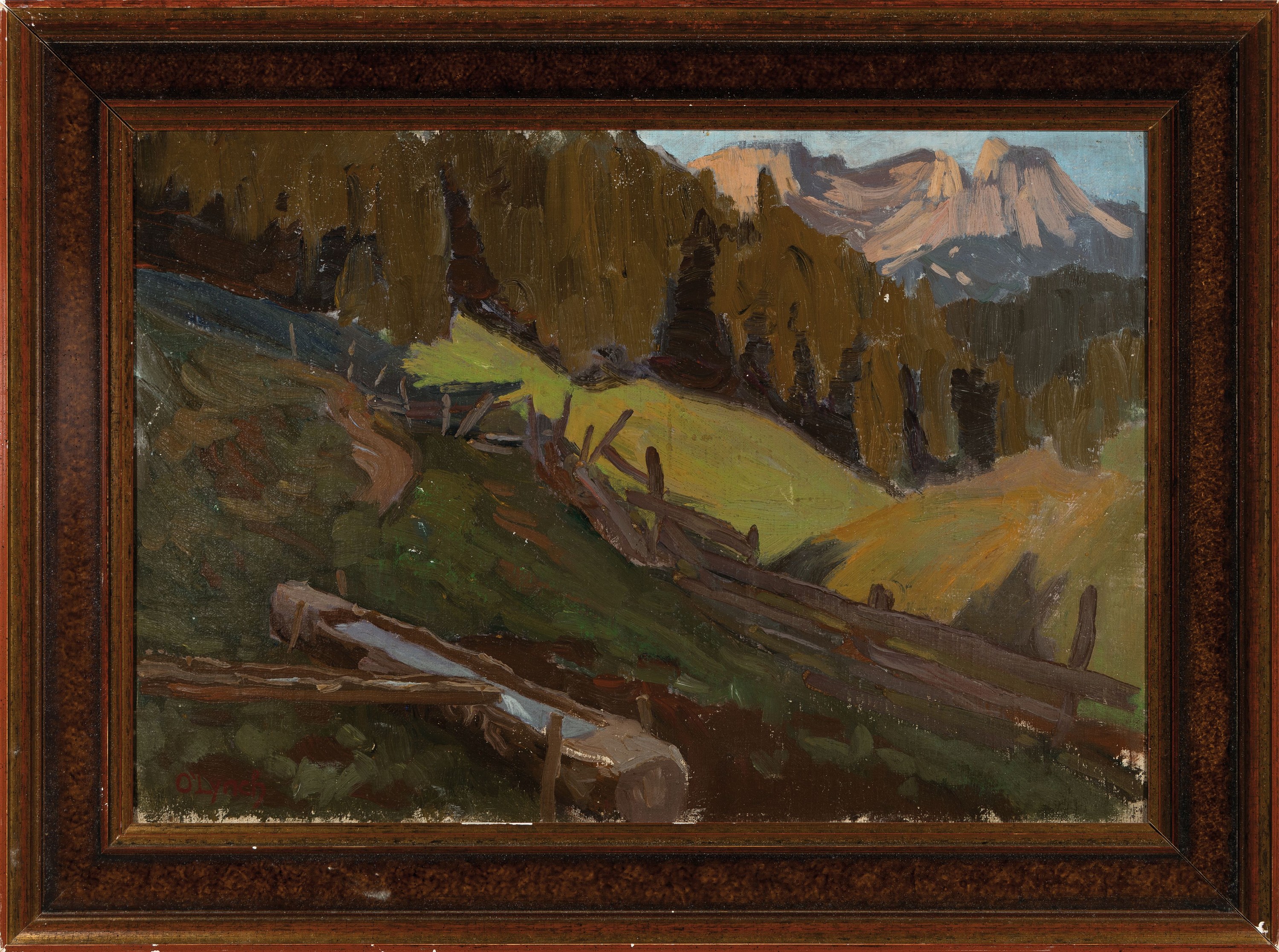Detail k: Zuschreibung: Karl O'Lynch van Town, 1869-1942, Weite Landschaft mit Tränke, Zaun und Wiesen, Öl/Malkarton, leicht gewölbt, links unten ...