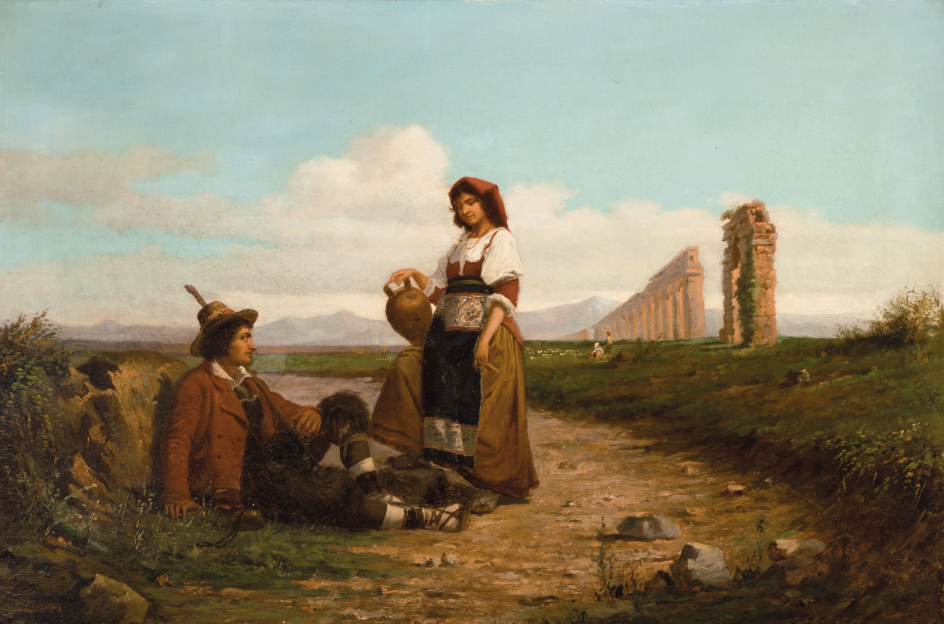 Alessandro Rinaldi, 1839-1890, Rastendes Paar in italienischer Landschaft, Öl/Lwd, links unten sign., ca. 50x75cm, R. ca. 72x97cm