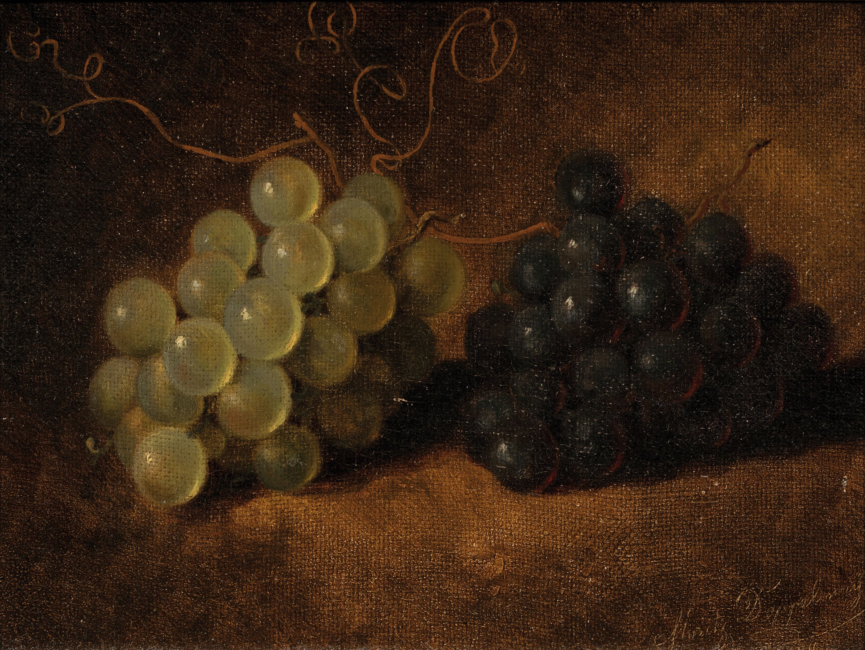 Moritz Doppelmayer, 19. Jahrhunderts, Stillleben mit Trauben, Öl/Malkarton, re. u. signiert, ca. 17.5 x 23 cm, Rahmen