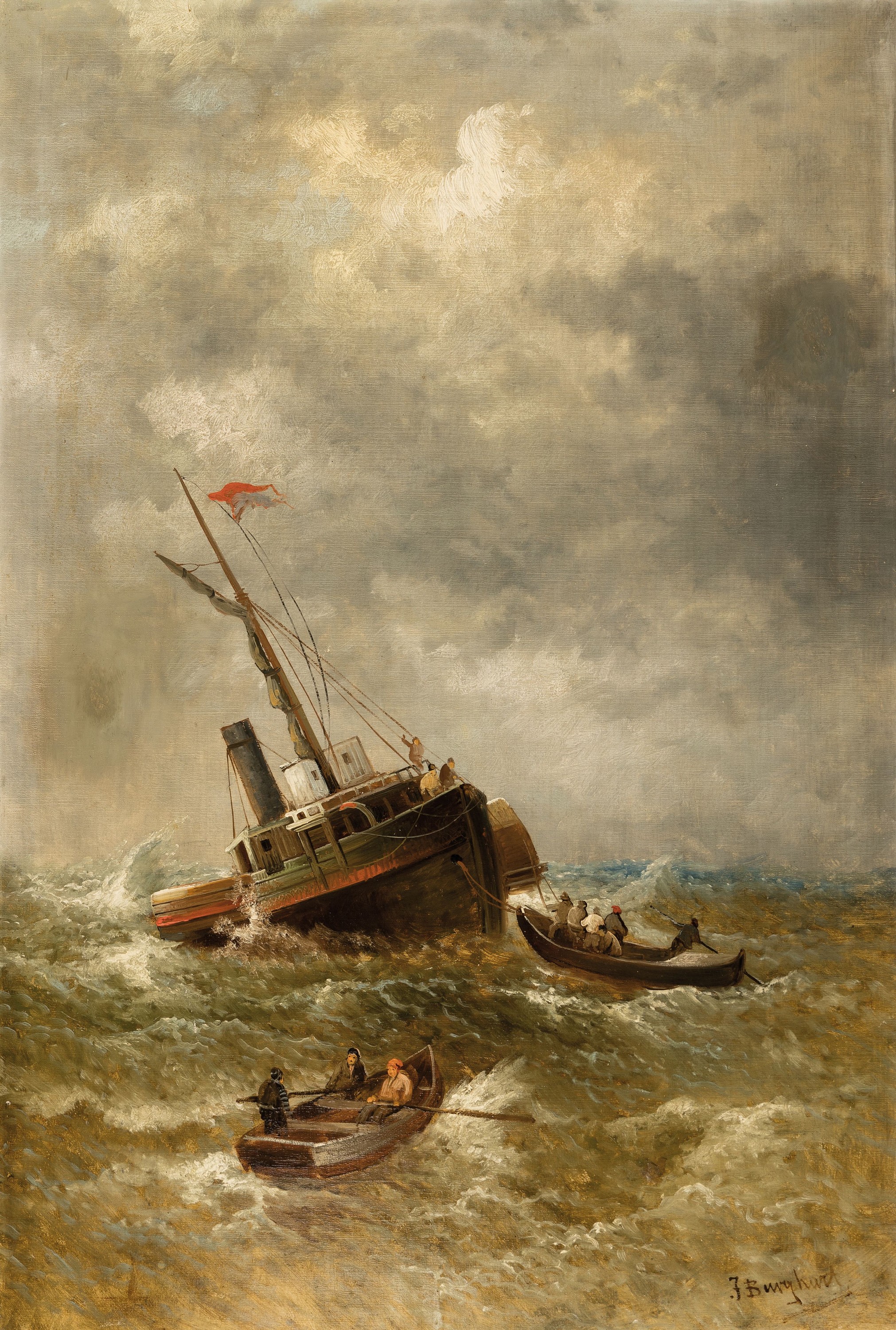 J. Burghard, um 1890/1900,, Marinebild, Schiffe auf stürmischer See, Öl/Lwd, signiert, teilrest., 80 x 55 cm, Rahmen