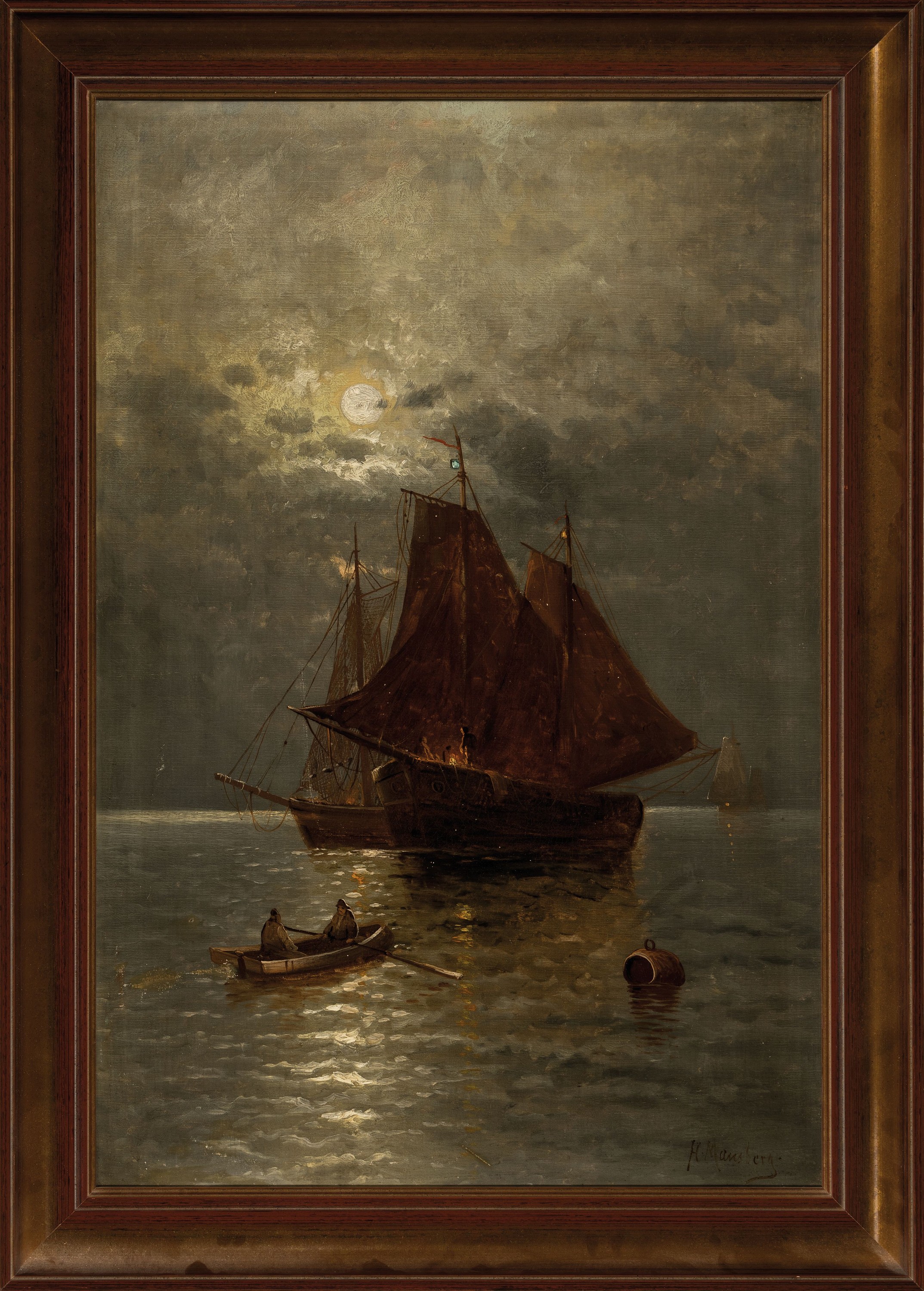 Detail k: M. Mausberg, um 1900/20, Mondlandschaft mit Segelschiffen, Öl/Lwd, signiert, 80 x 54 cm Rahmen