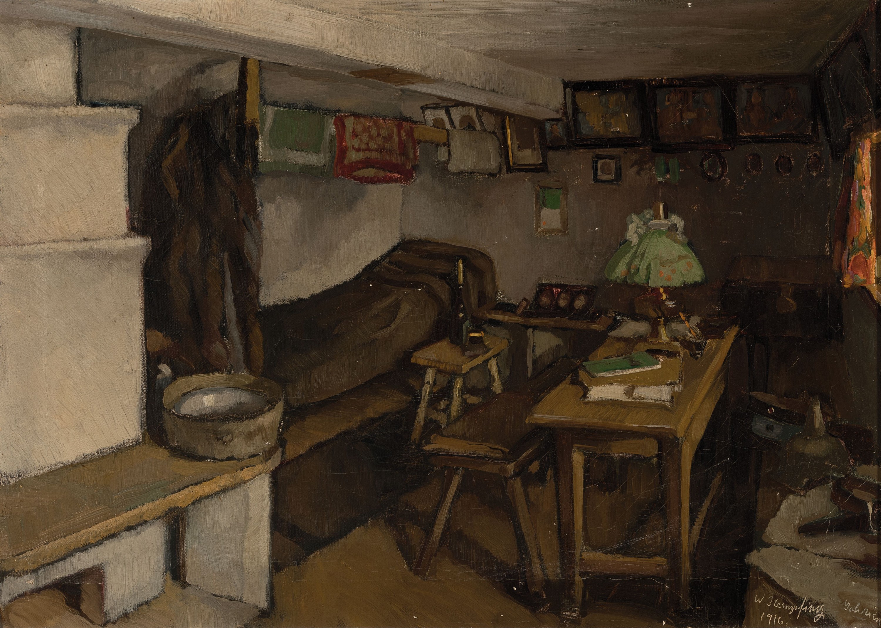 Wilhelm Hempfing, 1886 - 1948 Karlsruhe, Interieur einer Bauernstube, detailreiche Schilderung, Öl/Lwd, signiert und dat. 1916, ca. 34 x 47 cm, ...