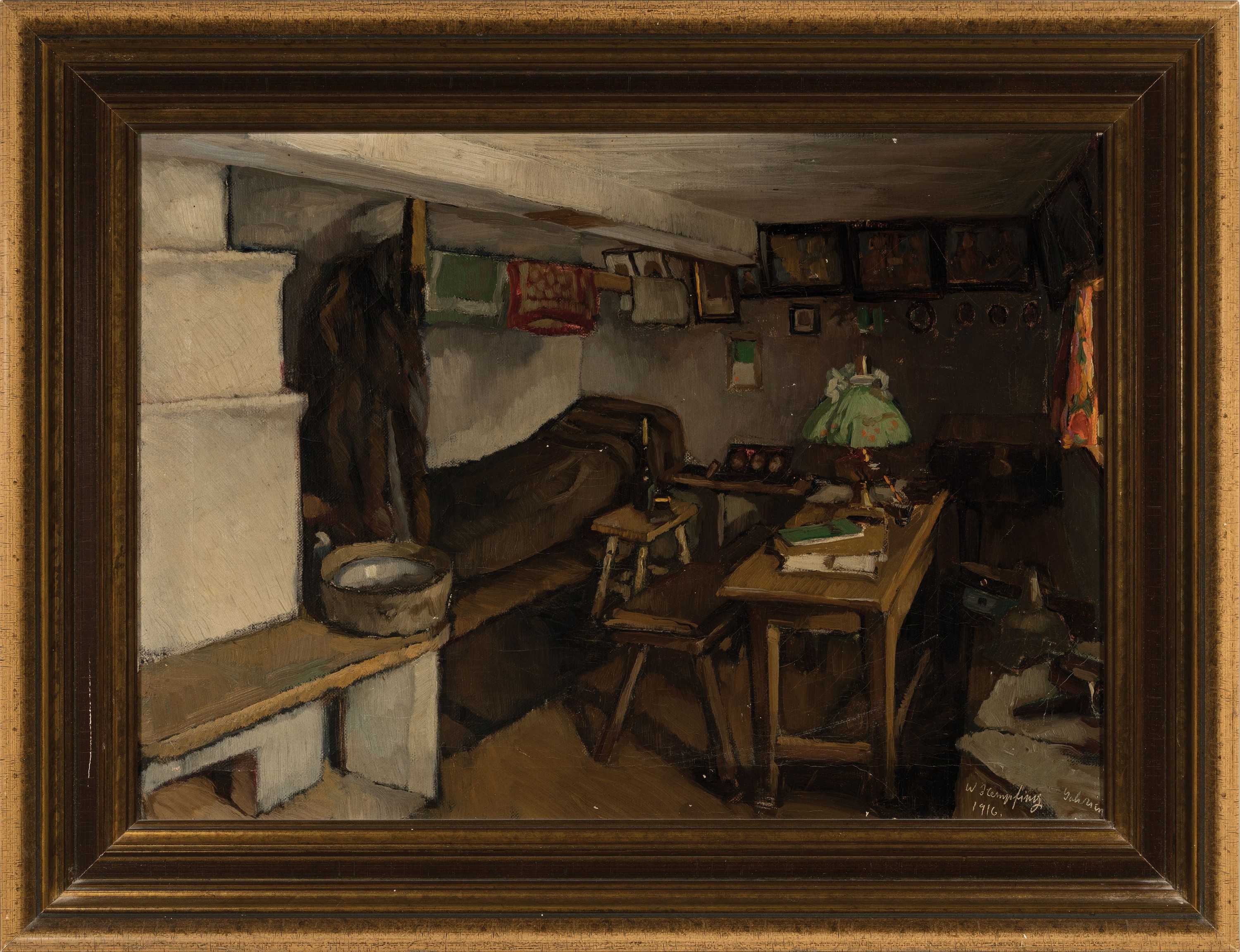 Detail k: Wilhelm Hempfing, 1886 - 1948 Karlsruhe, Interieur einer Bauernstube, detailreiche Schilderung, Öl/Lwd, signiert und dat. 1916, ca. 34 x 47 cm, ...