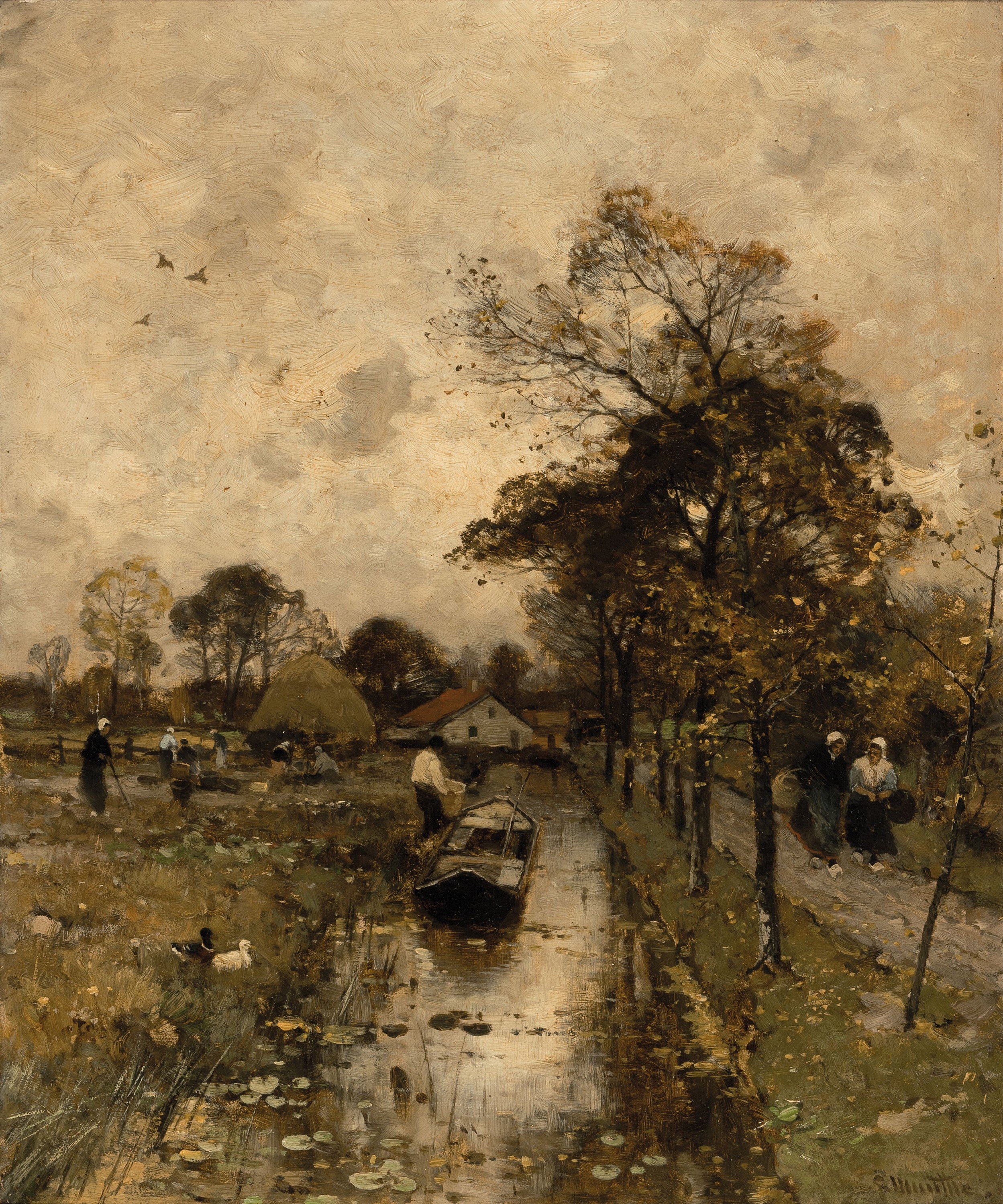 Ludwig Munthe, 1841 Sogndal/Norwegen-1896 Düsseldorf, Regentag, Landschaft mit Personen und Schleppkahn, hervorragende atmosphärische Darstellung, ...