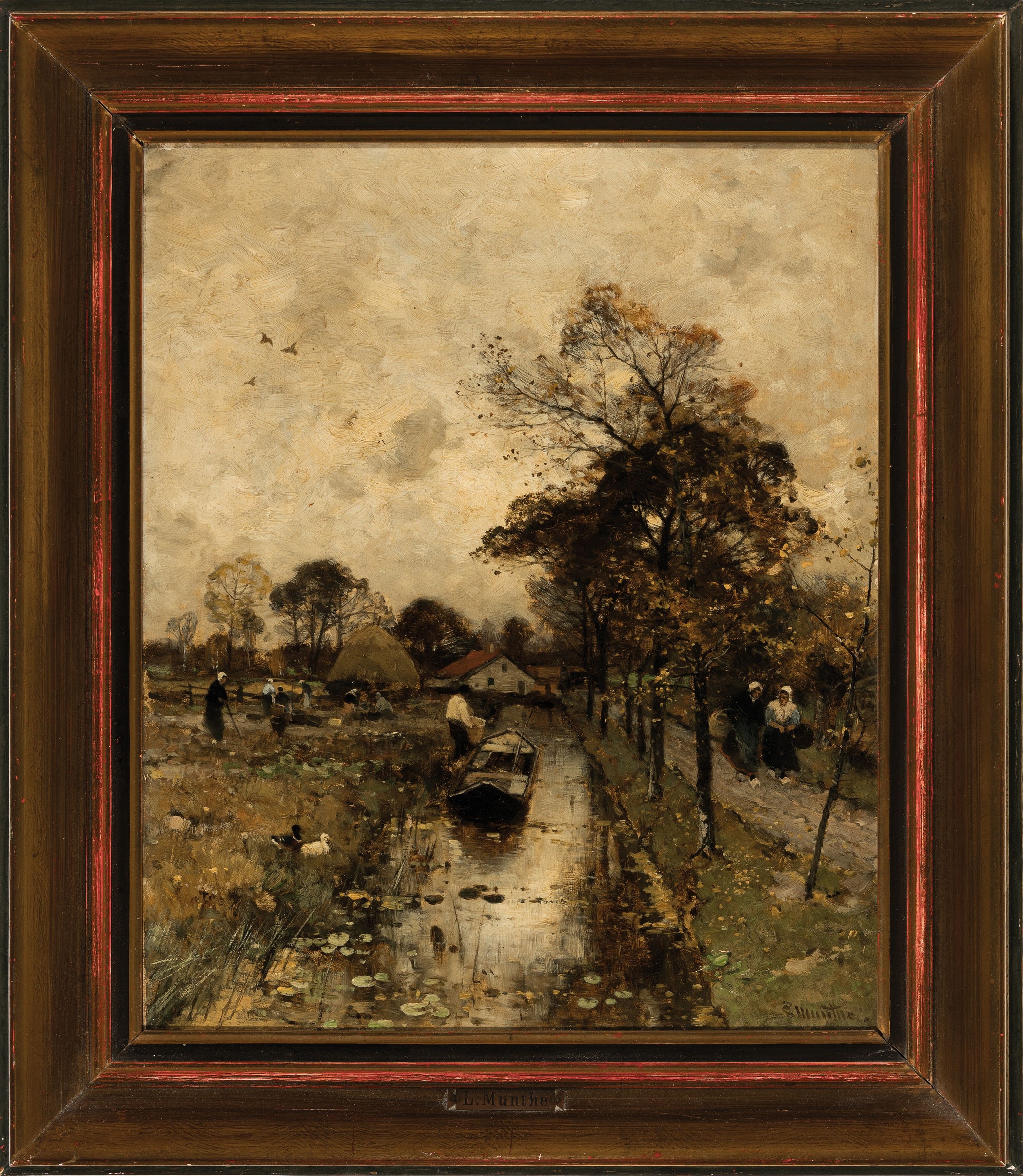 Detail k: Ludwig Munthe, 1841 Sogndal/Norwegen-1896 Düsseldorf, Regentag, Landschaft mit Personen und Schleppkahn, hervorragende atmosphärische Darstellung, ...