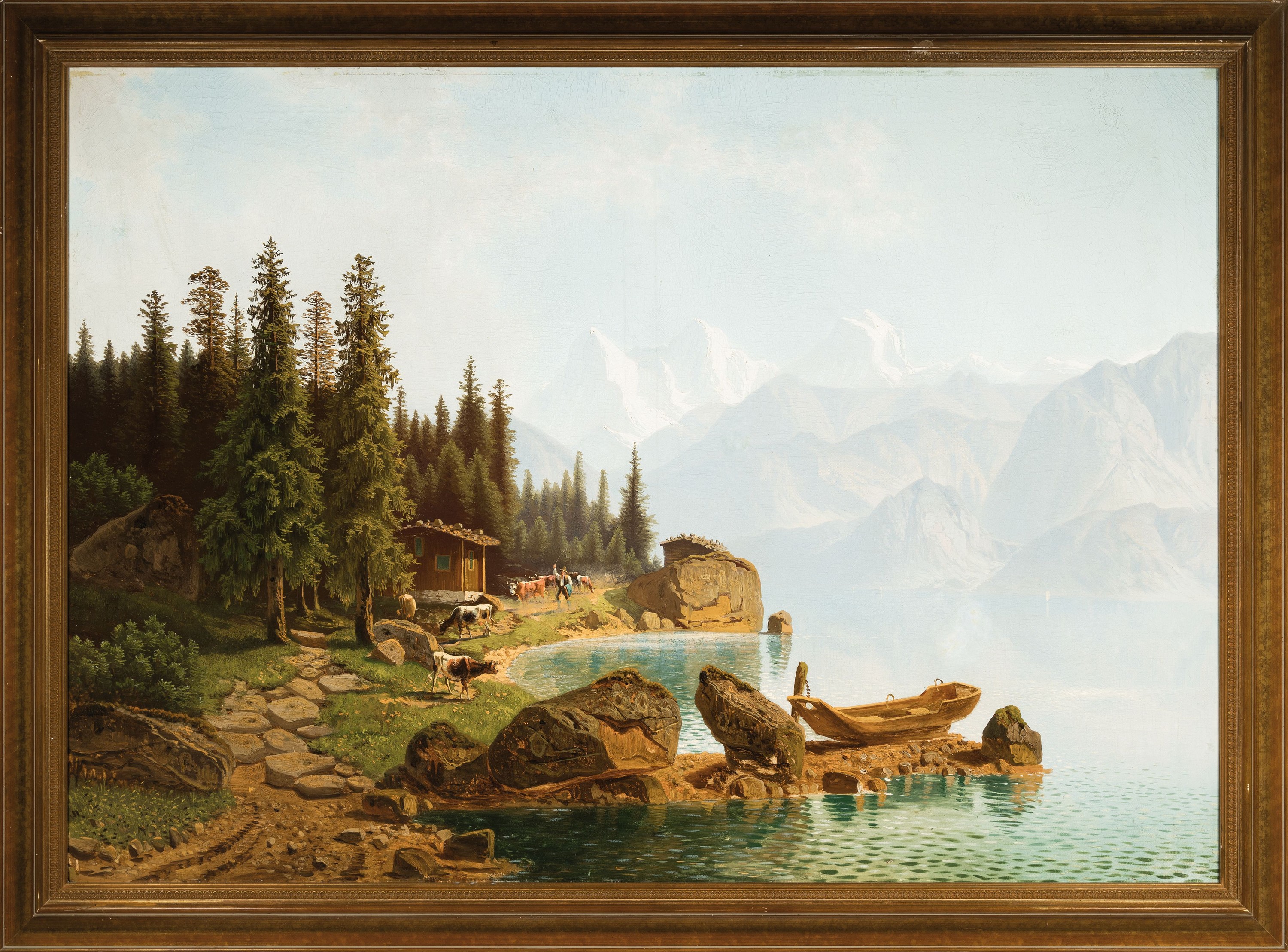 Detail k: Theodor Wilhelm Nocken, 1829-1905 Düsseldorf, Schweizer Gebirgslandschaft, Öl/Lwd, links unten sign., ca. 82x115cm, R. ca. 95x127cm