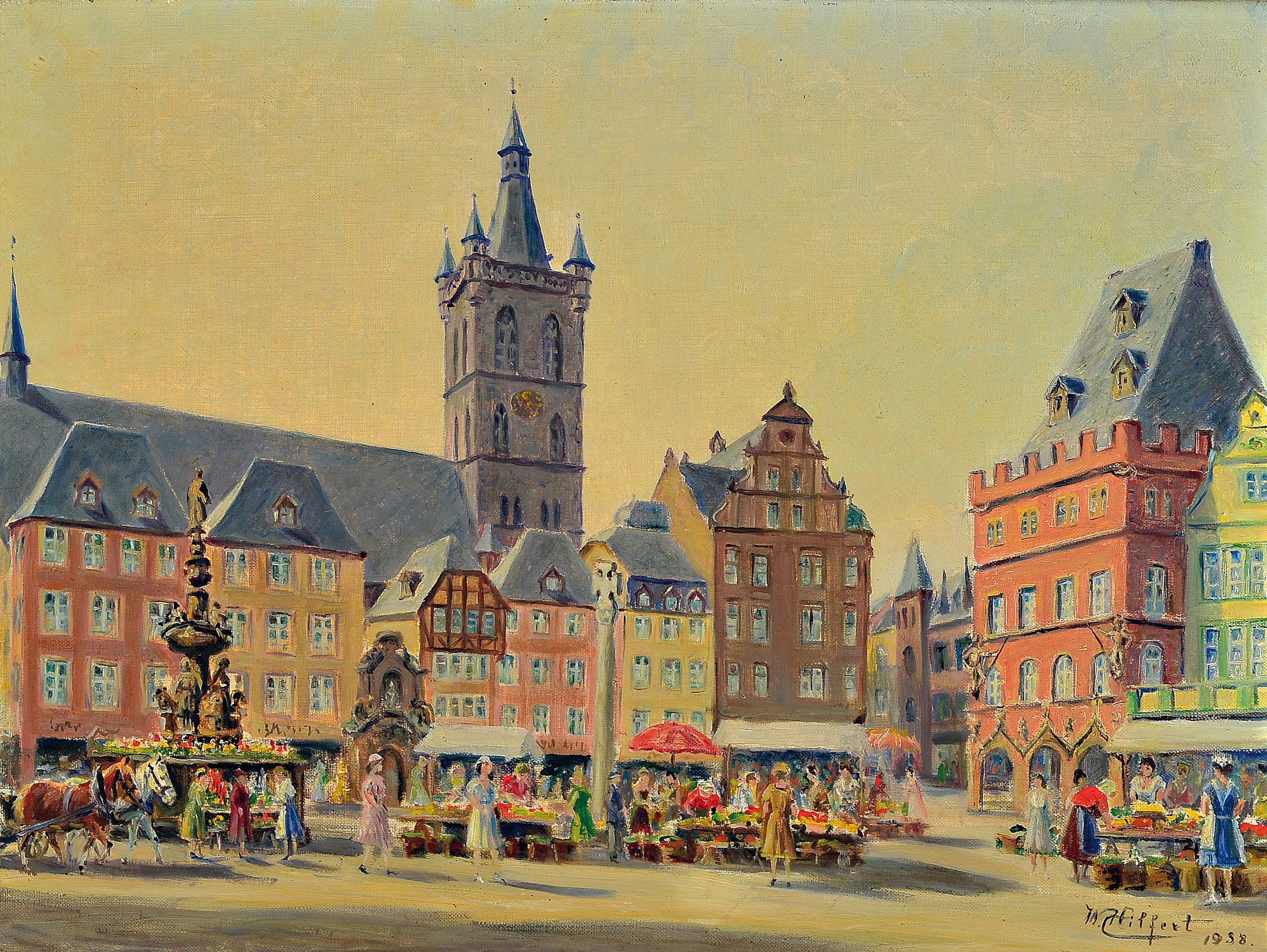 Wolfgang Hilfert, Mitte 20. Jh.,, Markt in Trier, Öl/Lwd., signiert und dat. 53, 45 x 60cm, Rahmen 76x61 cm