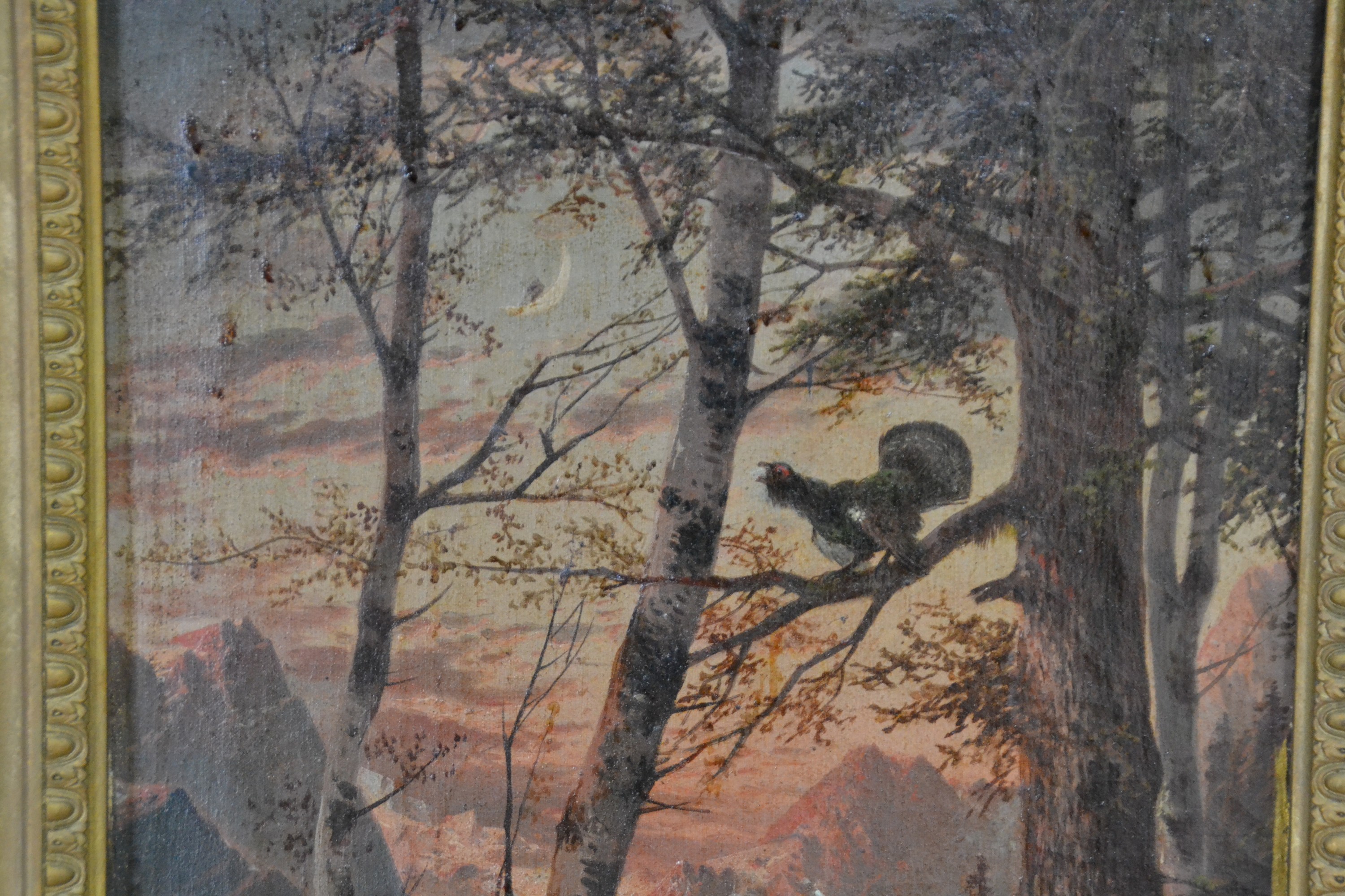 Detail a: Unbekannte Künstler, 2. Hälfte 19.Jh., Waldstück mit Auerhahn in der Dämmerung, rechts unten unleserlich signiert, ca. 62 x 31.5 cm, Rahmen l. ...