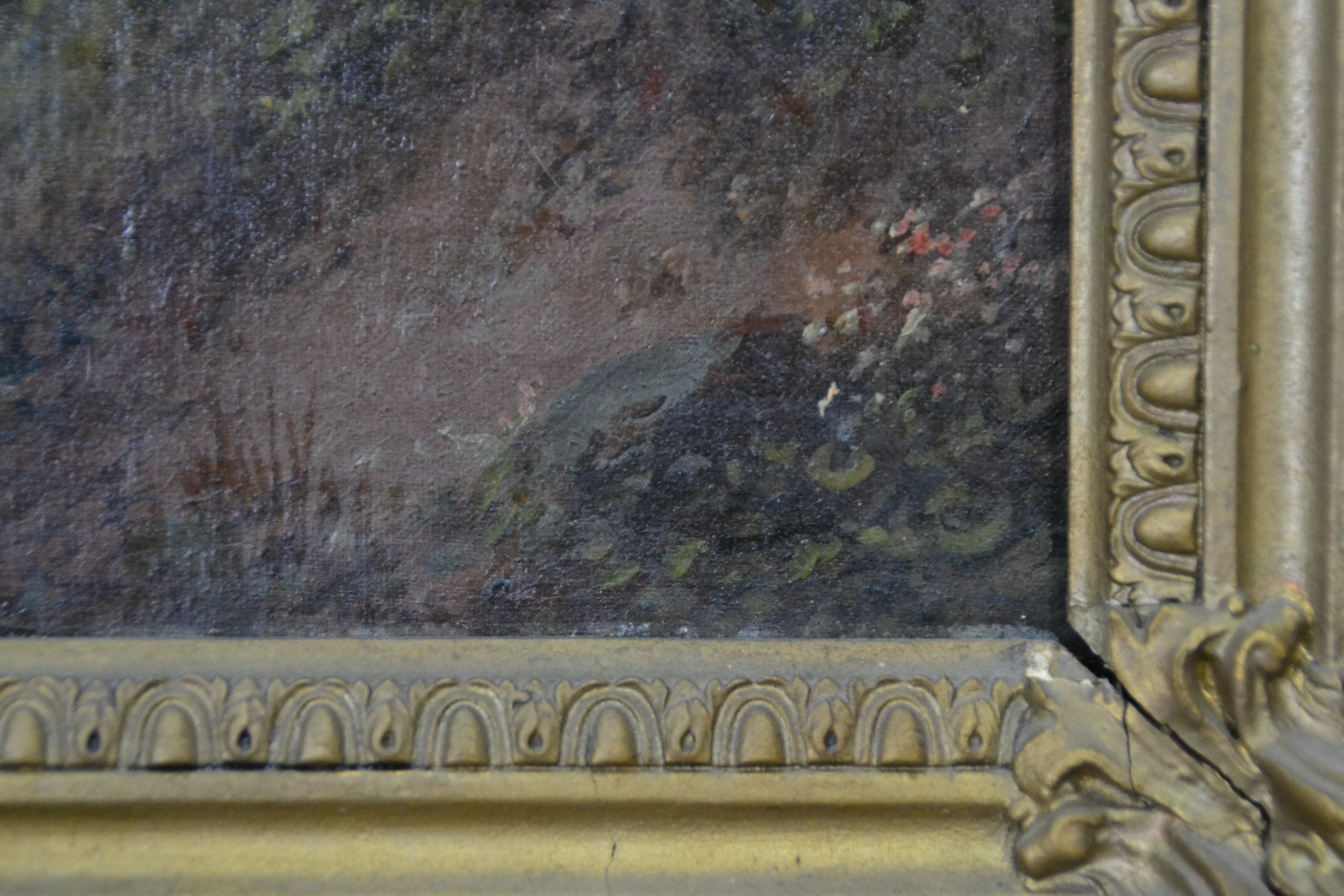 Detail b: Unbekannte Künstler, 2. Hälfte 19.Jh., Waldstück mit Auerhahn in der Dämmerung, rechts unten unleserlich signiert, ca. 62 x 31.5 cm, Rahmen l. ...