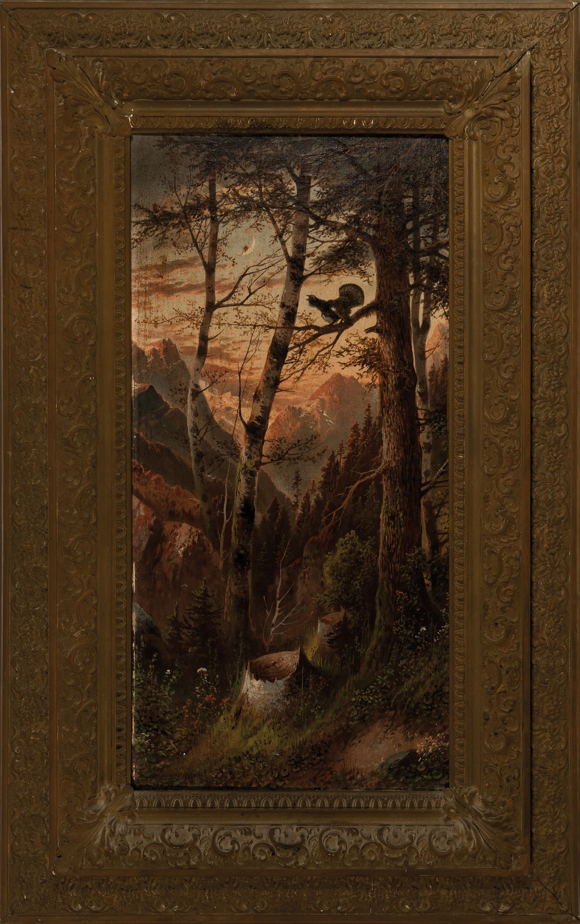 Detail k: Unbekannte Künstler, 2. Hälfte 19.Jh., Waldstück mit Auerhahn in der Dämmerung, rechts unten unleserlich signiert, ca. 62 x 31.5 cm, Rahmen l. ...