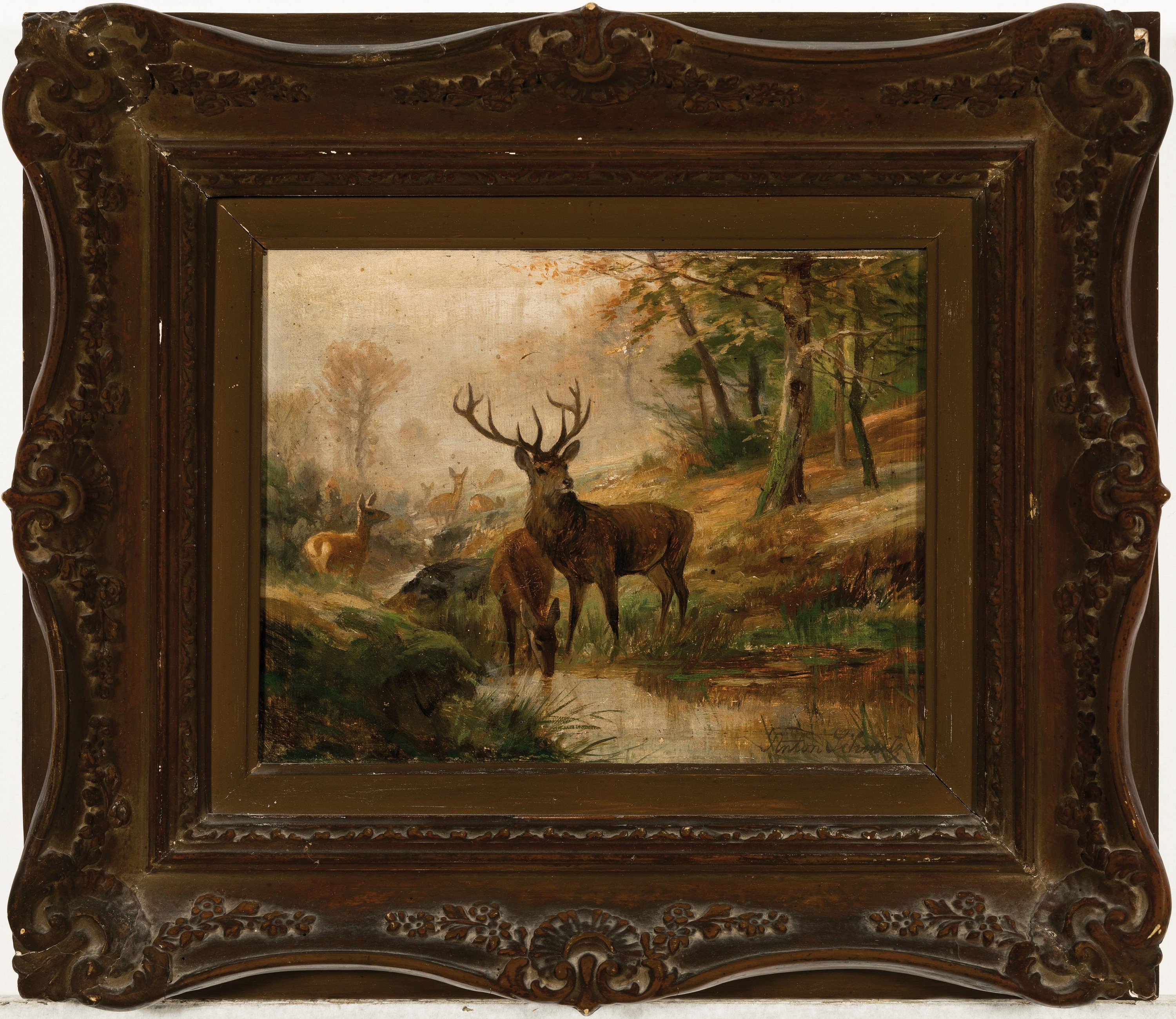Detail k: Anton Schmitz, 1855- 1935, Hirsch mit Herde in Waldlandschaft, feine Wiedergabe des Morgendunstes, re. unten signiert, Reinigung dringend empfohlen, ...