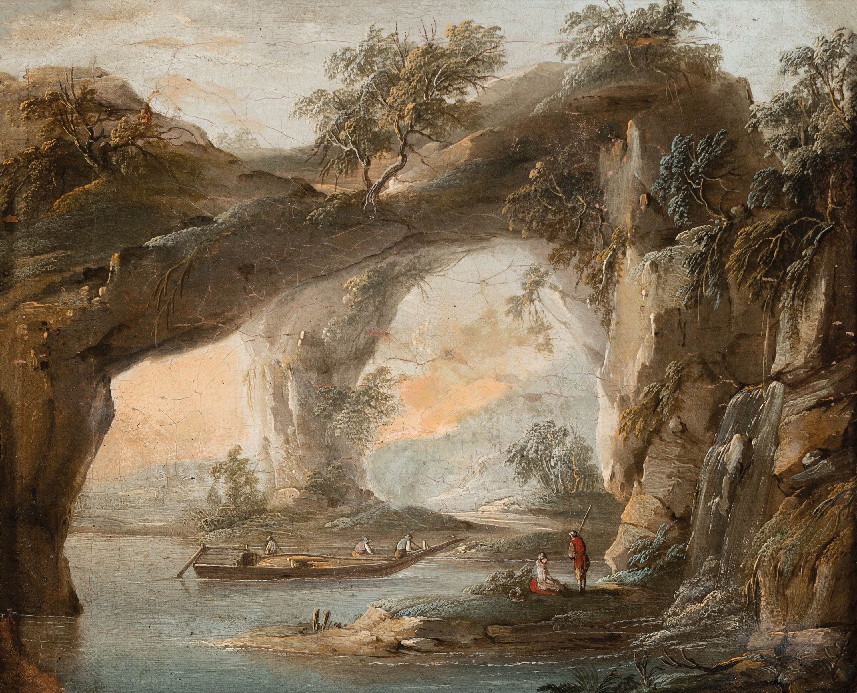 Unbekannter Künstler, 18. Jh., Kästenlandschaft mit Grotte, Fischerboot und Personen, Öl/Lwd auf Holz doubliert, krakeliert, wohl rechts unten ...