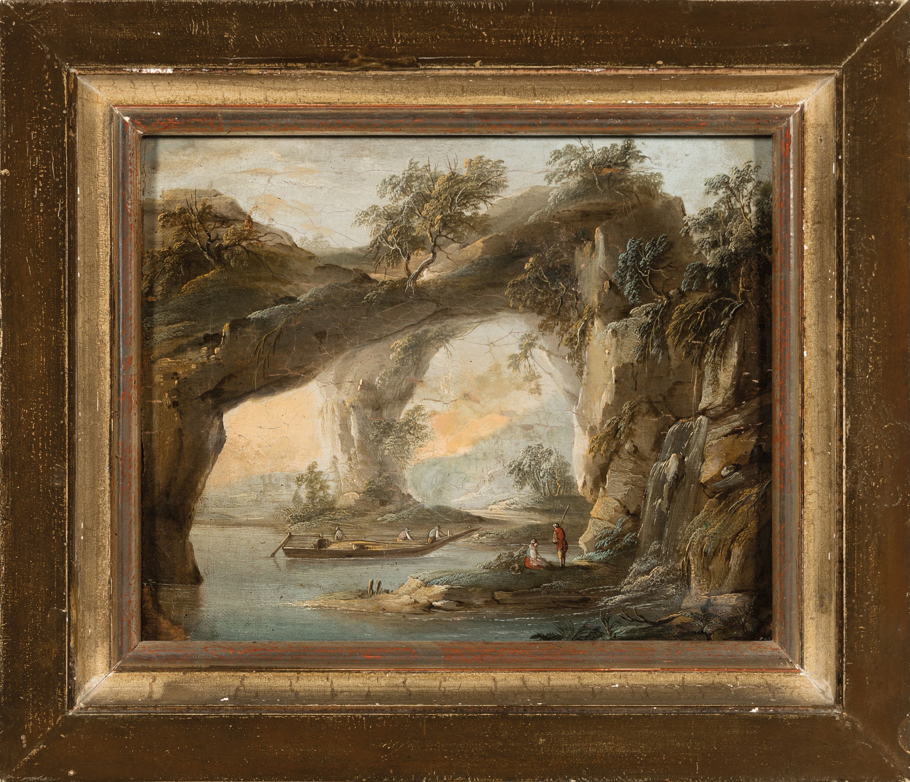 Detail k: Unbekannter Künstler, 18. Jh., Kästenlandschaft mit Grotte, Fischerboot und Personen, Öl/Lwd auf Holz doubliert, krakeliert, wohl rechts unten ...