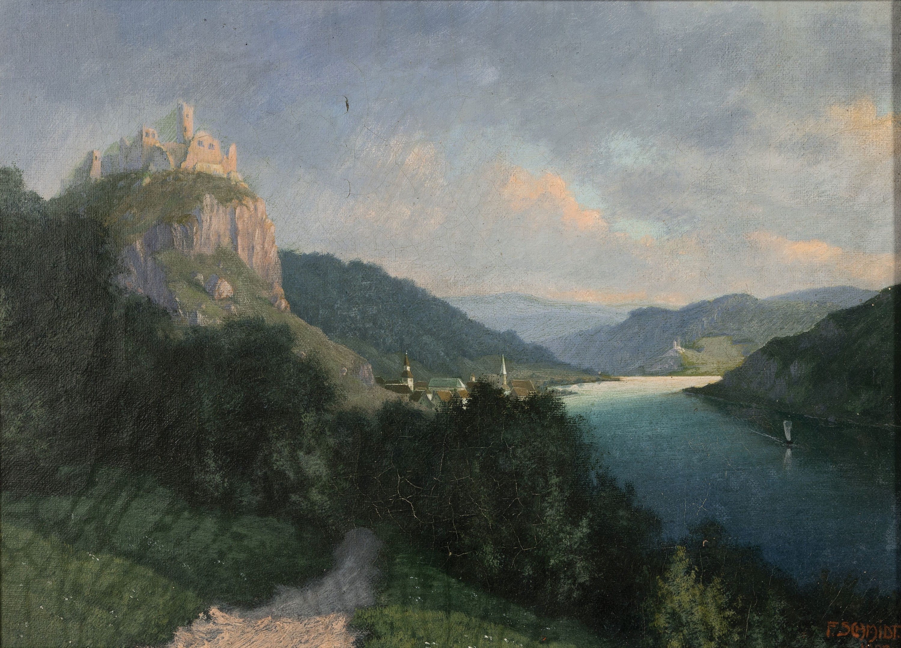 Franz Schmidt, 1884-1951 Nürnberg, Burg über Flußtal, Öl/Lwd, rechts unten signiert, ca. 27x36cm, R. ca. 40x50cm