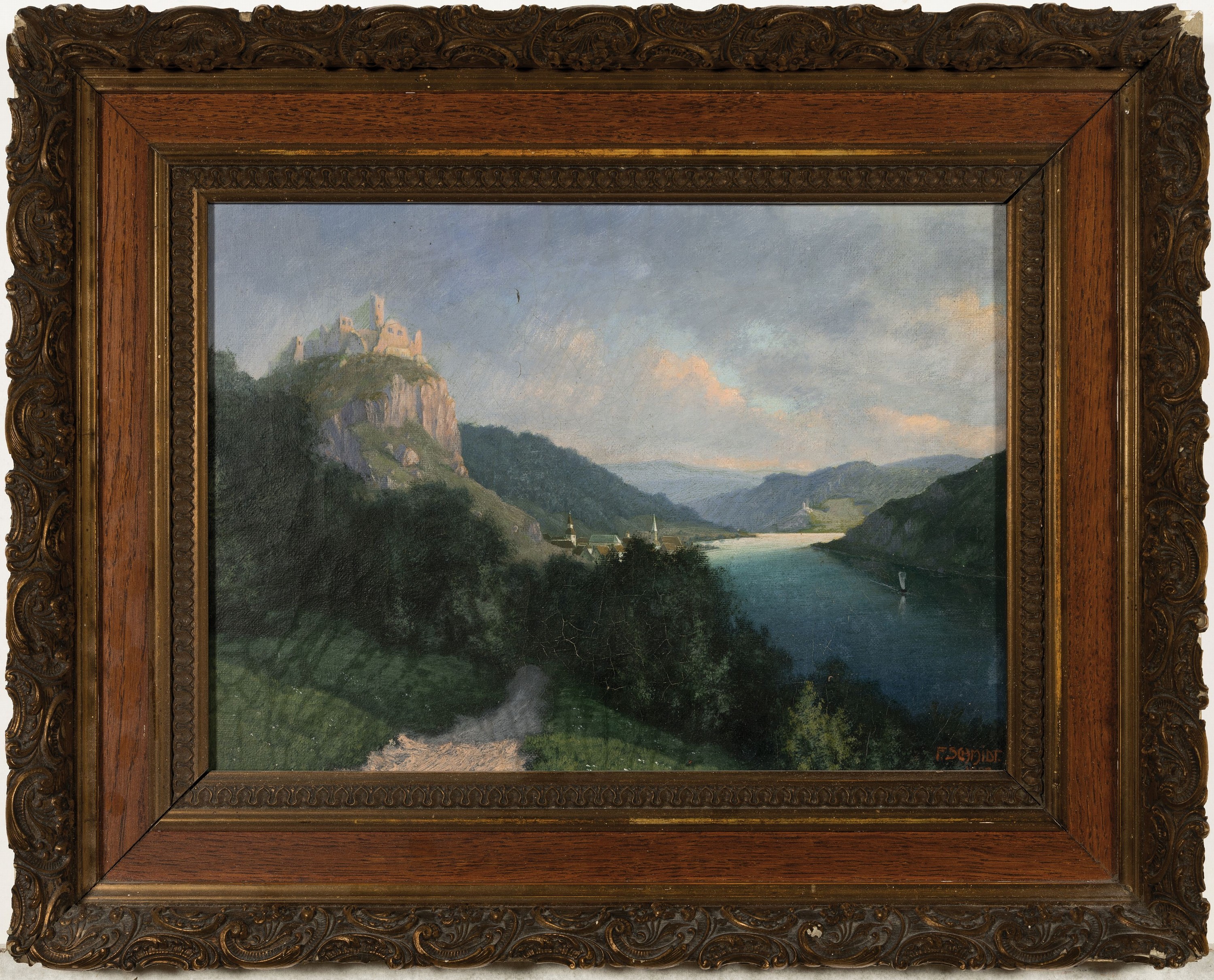 Detail k: Franz Schmidt, 1884-1951 Nürnberg, Burg über Flußtal, Öl/Lwd, rechts unten signiert, ca. 27x36cm, R. ca. 40x50cm