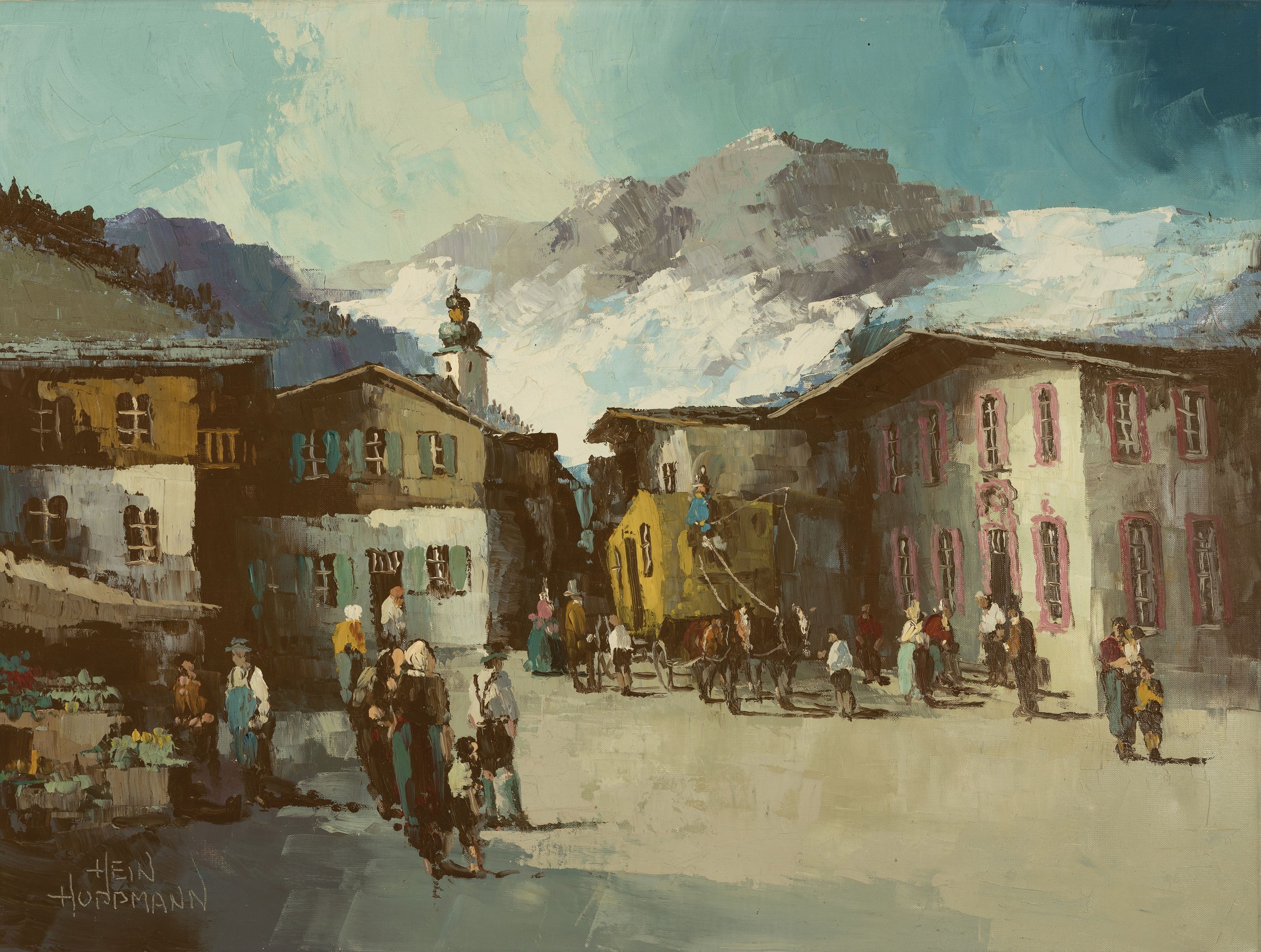 Hein Hoppmann, 1901-1982 Rheinberg, Postkutsche fährt durch ein Dorf im Gebirge, Öl/Lwd, teils in Spachteltechnik, links unten sign., ca. 60x80cm