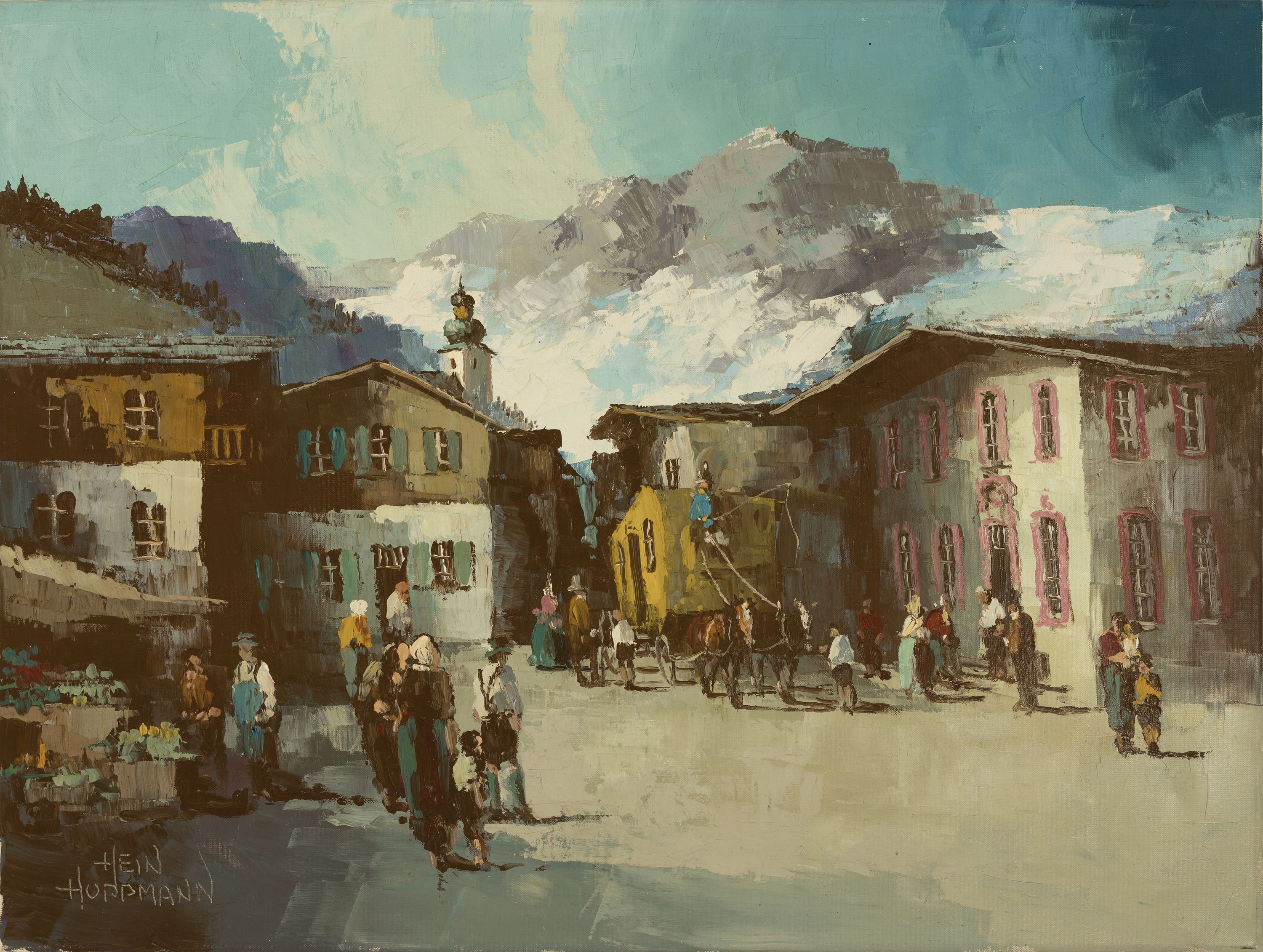 Detail k: Hein Hoppmann, 1901-1982 Rheinberg, Postkutsche fährt durch ein Dorf im Gebirge, Öl/Lwd, teils in Spachteltechnik, links unten sign., ca. 60x80cm
