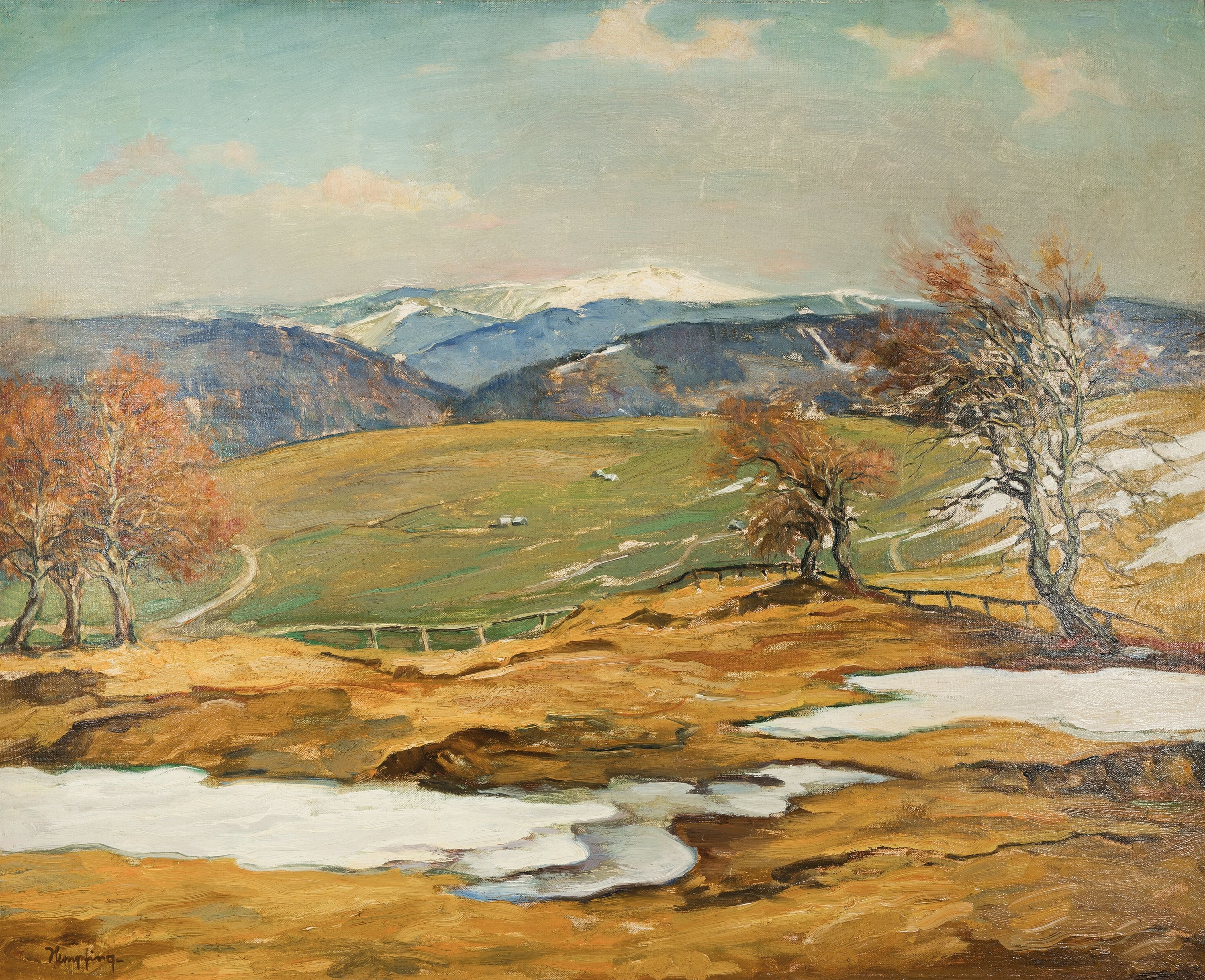 Wilhelm Hempfing, 1886 Schönau-1948 Karlsruhe, Weite Gebirgslandschaft mit vereinzelten Schneefeldern, Öl/Hartfaser, links unten signiert, ca. ...